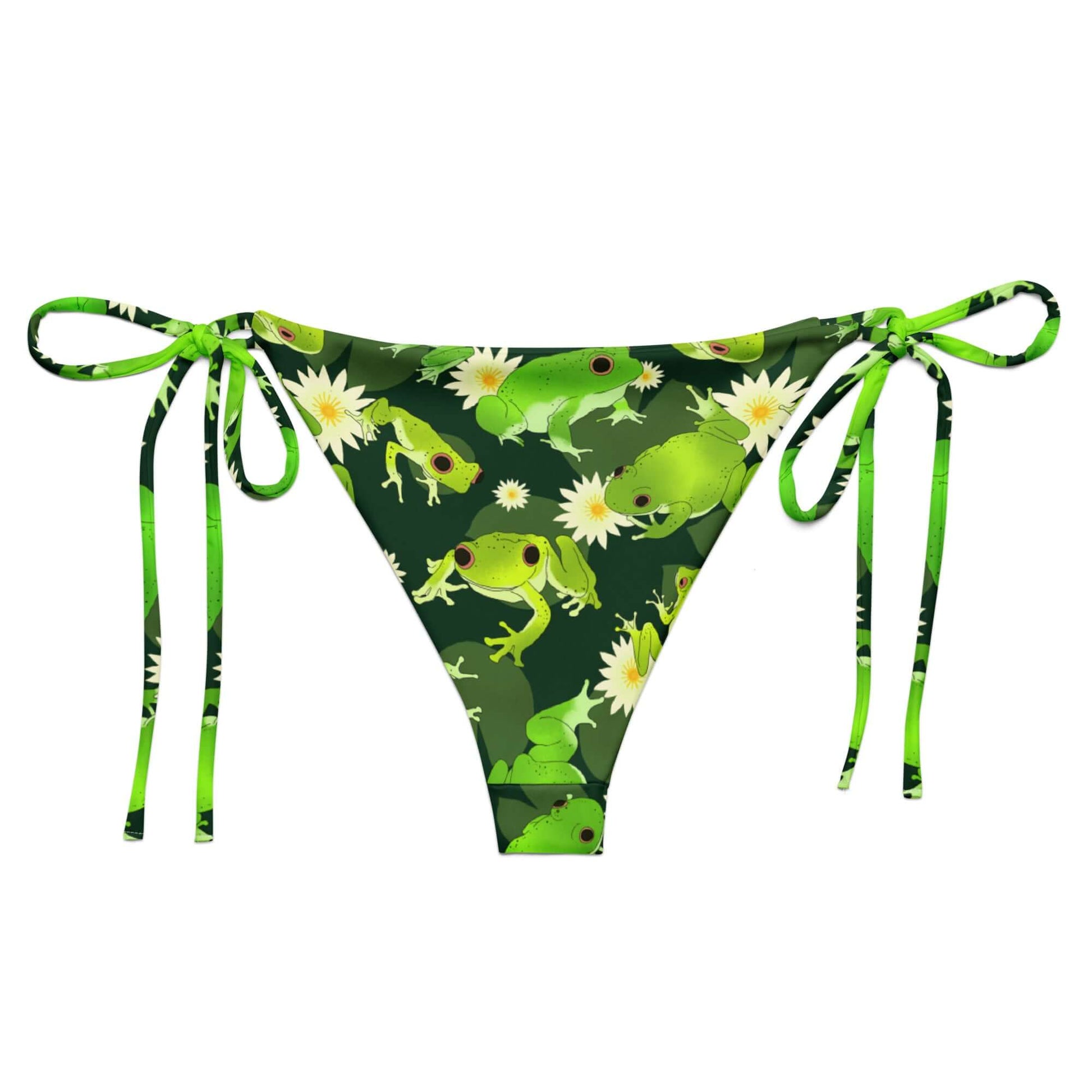 Kero-kero String Bikini Bottom features a vibrant frog print, perfect for summer poolside lounging. Enjoy UPF 50+ protection!