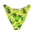 V-cut bikini bottom featuring a playful frog and lily pad pattern in vibrant green and yellow.
