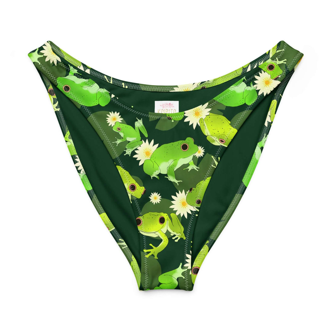 Kero-kero V-cut bikini bottom featuring playful frogs and flowers in vibrant greens.