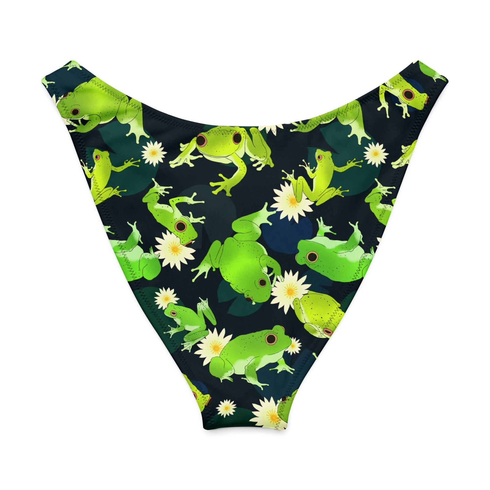 V-cut bikini bottom featuring a playful green frog pattern, perfect for stylish beach days.