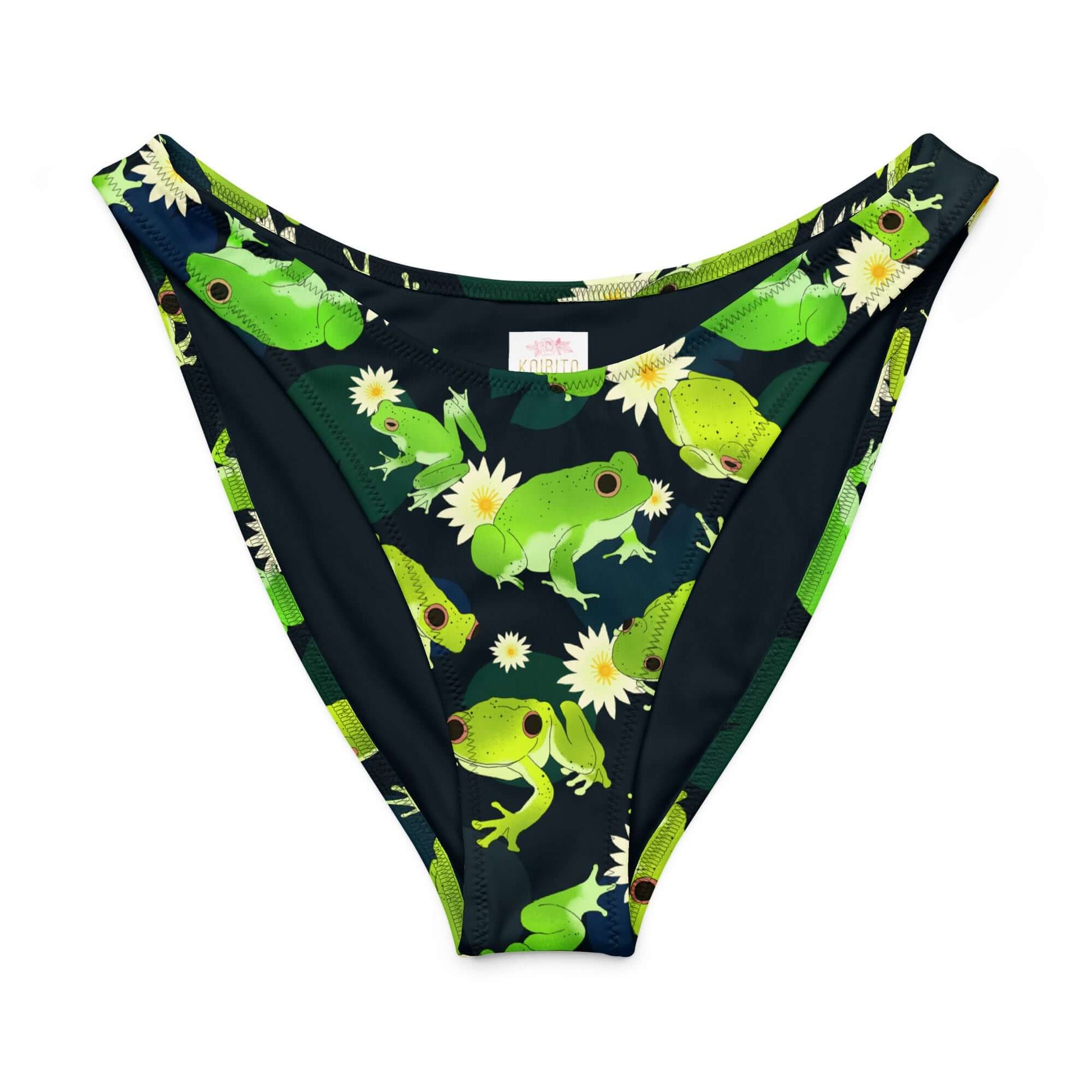 Kero-kero V-cut bikini bottom featuring playful frog and lily pad print against a dark background.