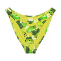 Kero-kero V-cut bikini bottom featuring vibrant frog and lily pad print on a sunny yellow background.