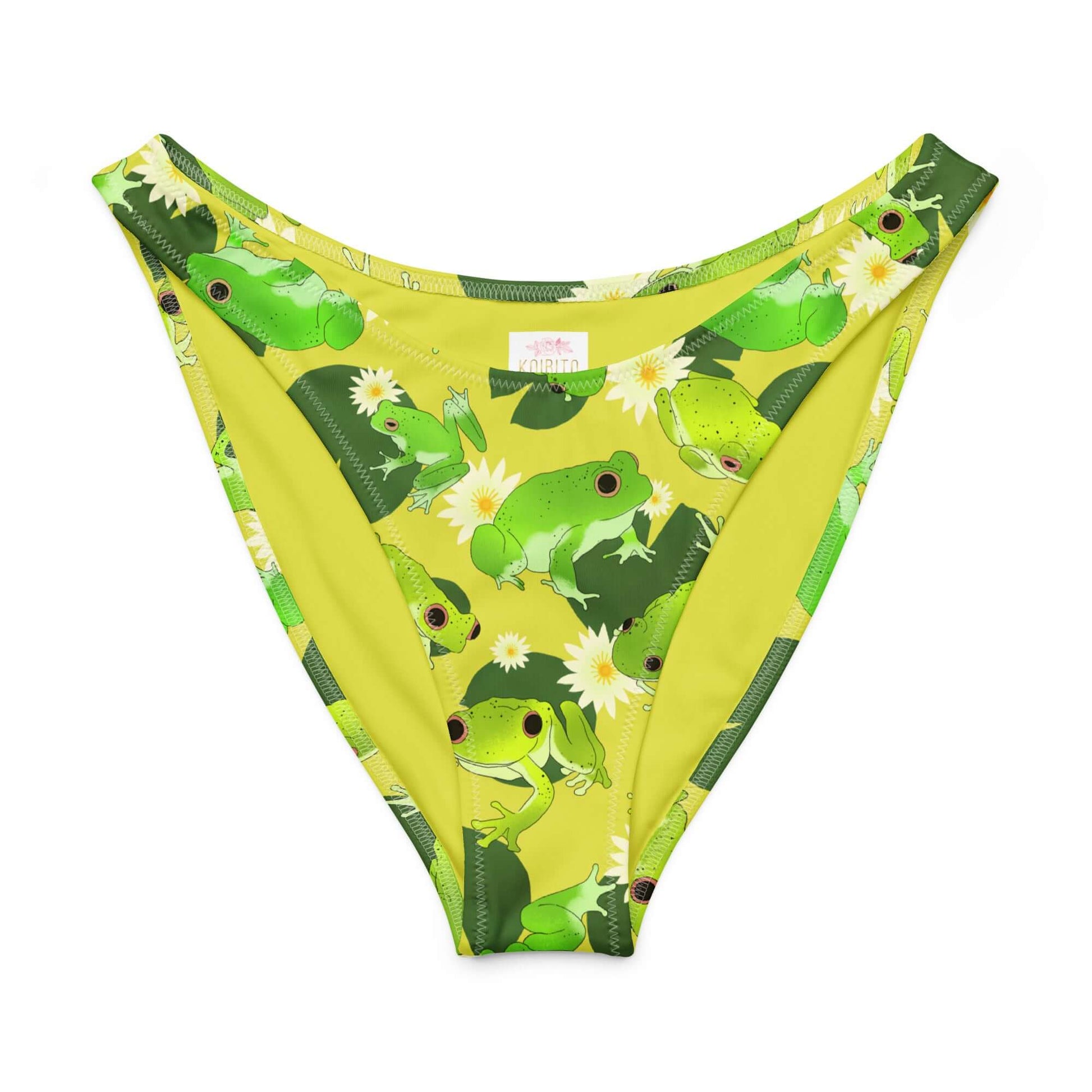 Kero-kero V-cut bikini bottom featuring vibrant frog and lily pad print on a sunny yellow background.