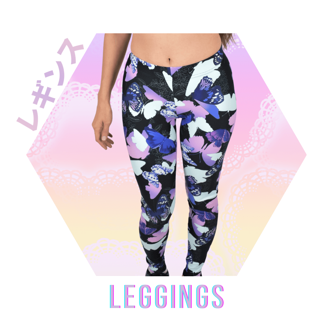 Kawaii fashion leggings with colorful butterfly print, perfect for a playful and trendy look.