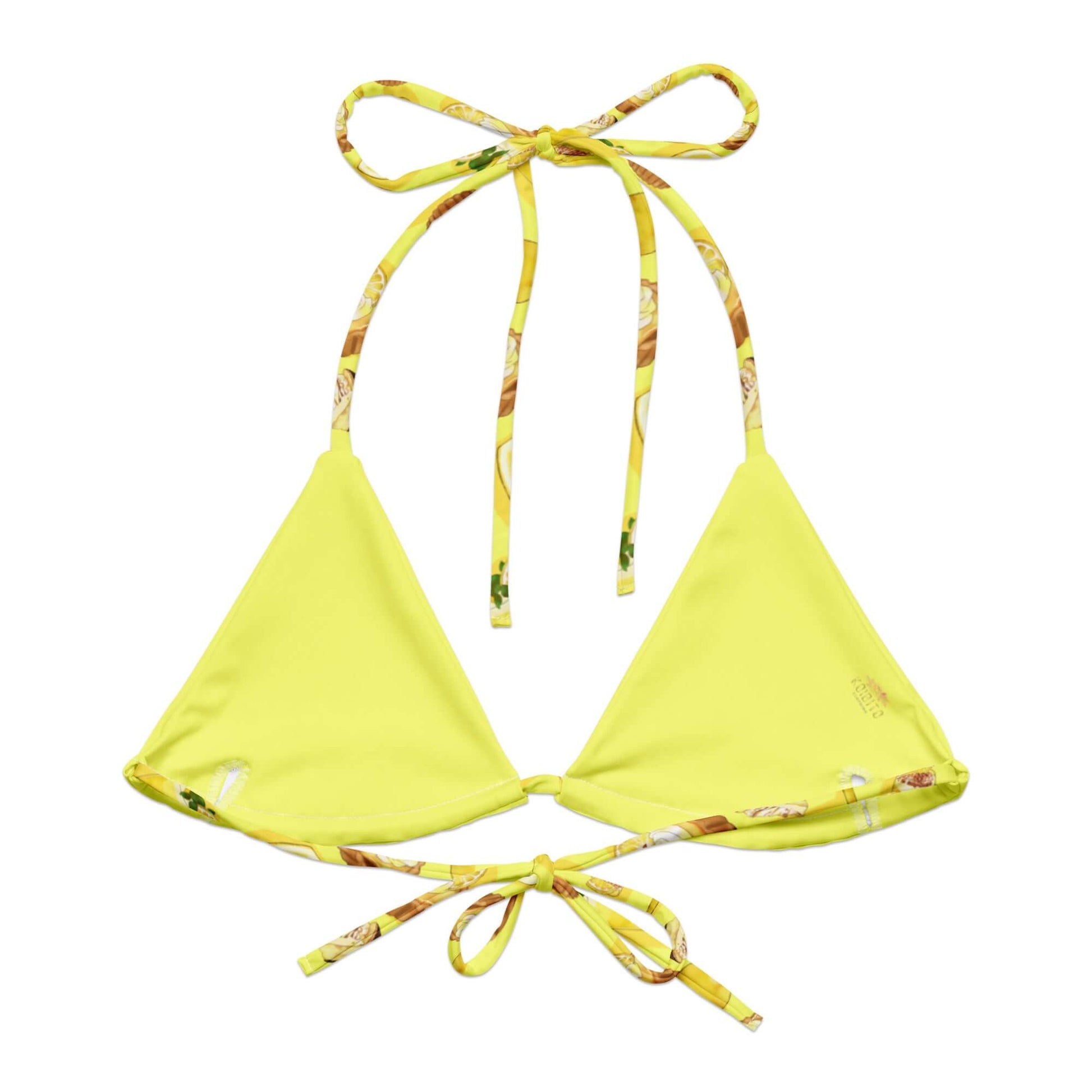 Bright and stylish Lemon Padded String Bikini Top, eco-friendly with stretchy straps, perfect for summer fun.