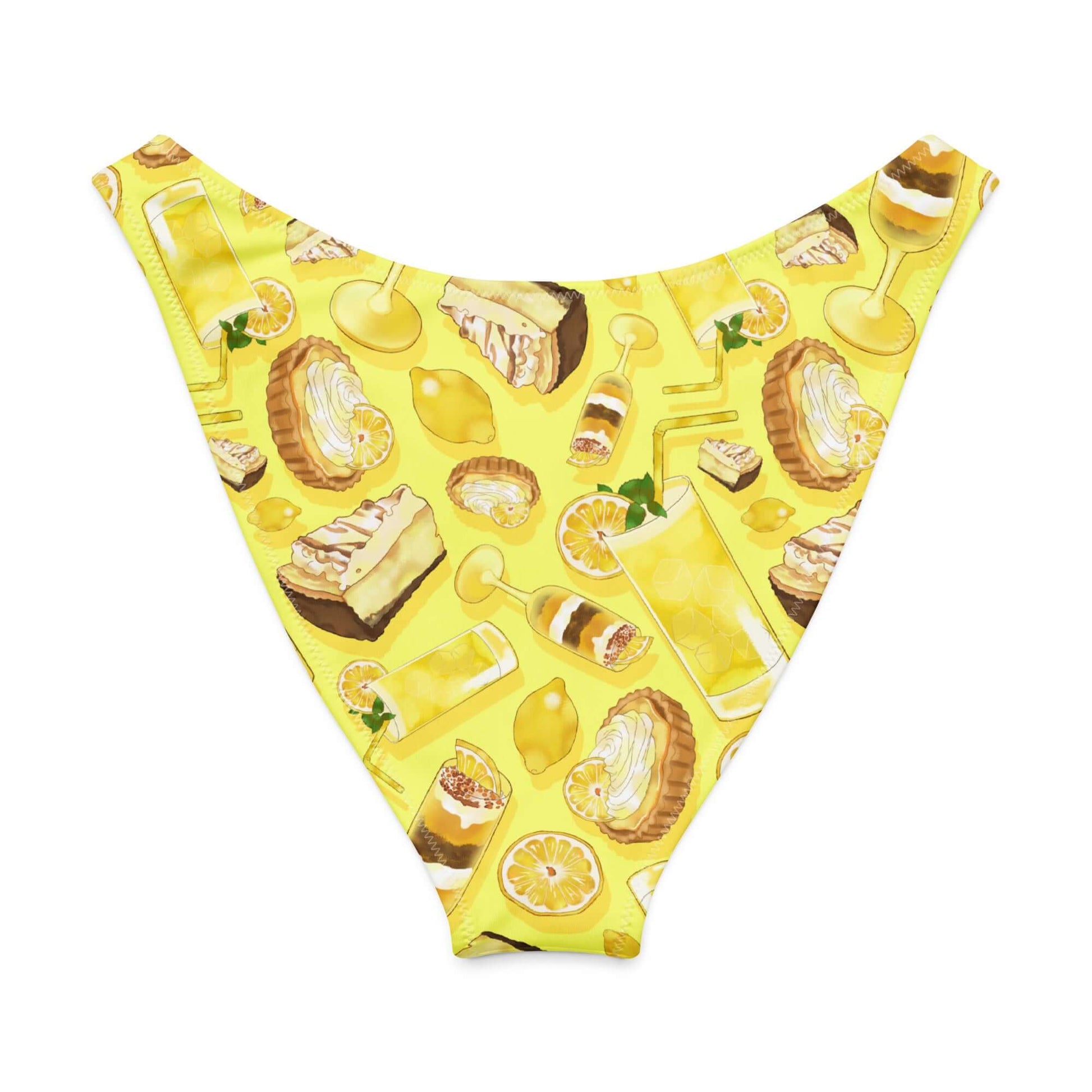 Lemon V-cut bikini bottom featuring a cheerful pattern of lemons and dessert treats, perfect for summer beach days.