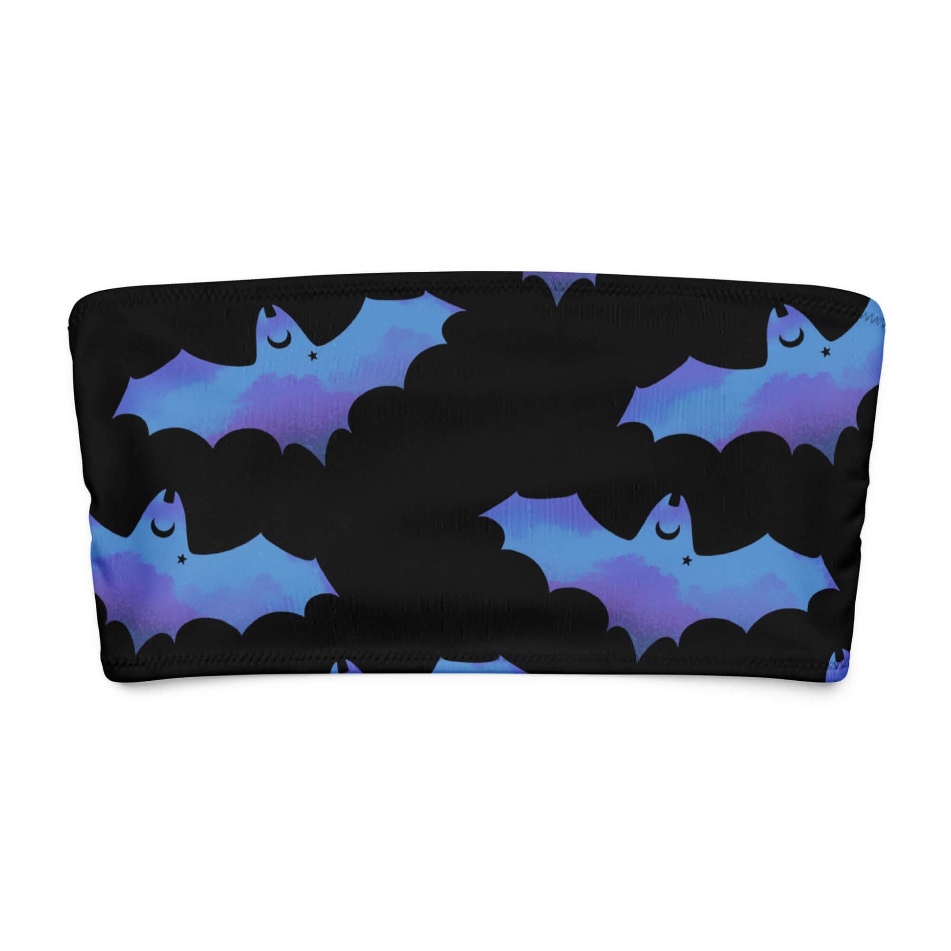 Lilith Bandeau Bikini Top featuring a playful bat pattern in blue and black on a soft fabric.