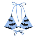 Lilith Padded String Bikini Top in blue with bat print, featuring eco-friendly materials and adjustable straps.