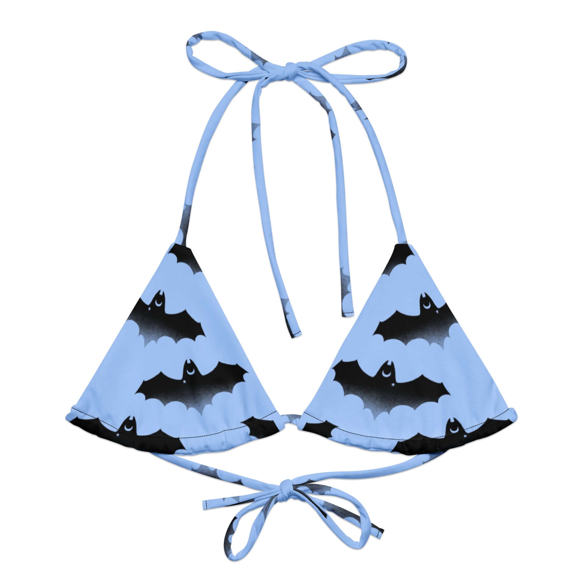 Lilith Padded String Bikini Top in blue with bat print, featuring eco-friendly materials and adjustable straps.