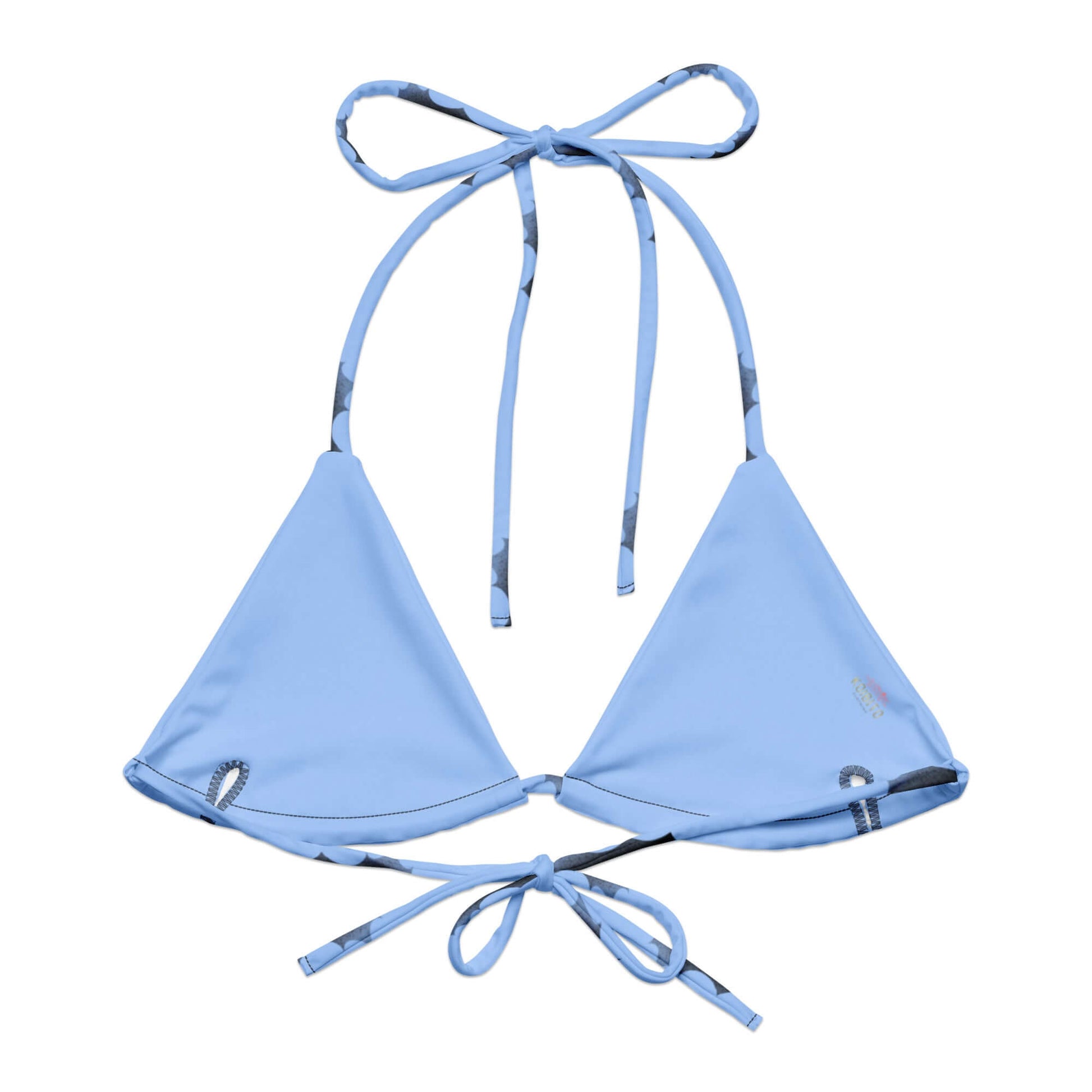 Lilith Padded String Bikini Top in light blue, featuring eco-friendly design and adjustable straps for summer styling.