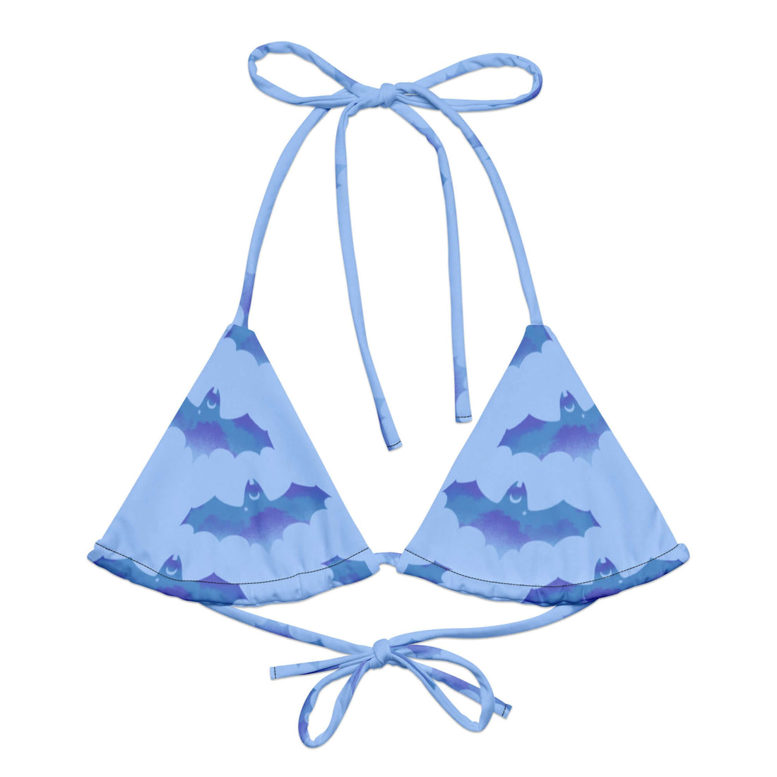Lilith Padded String Bikini Top in blue with bat print, eco-friendly design perfect for summer beach outings.