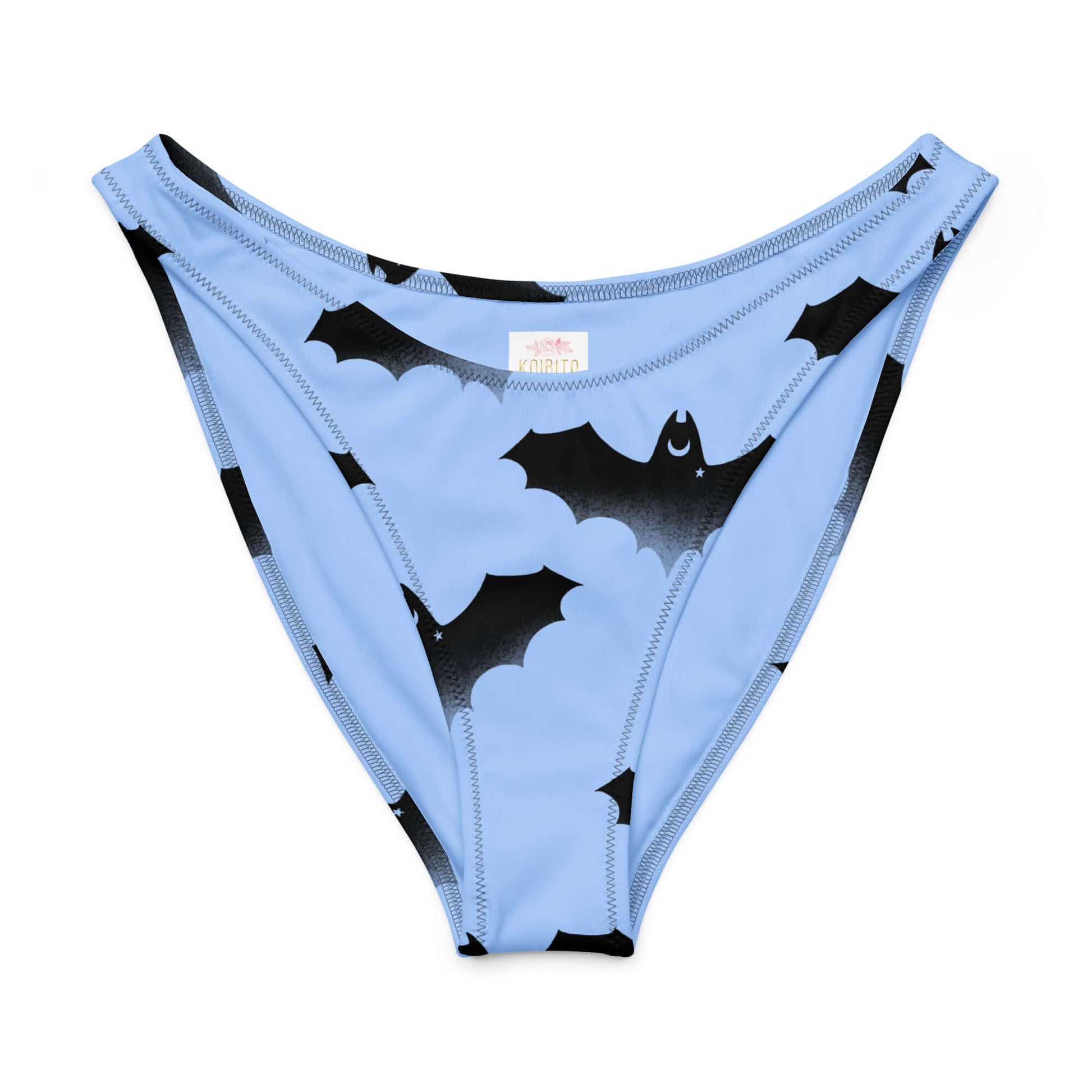 Lilith V-cut bikini bottom with playful bat print on light blue fabric, made from soft, stretchy material.
