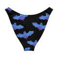 Lilith V-cut Bikini Bottom featuring a playful bat and cloud pattern in black and purple hues.