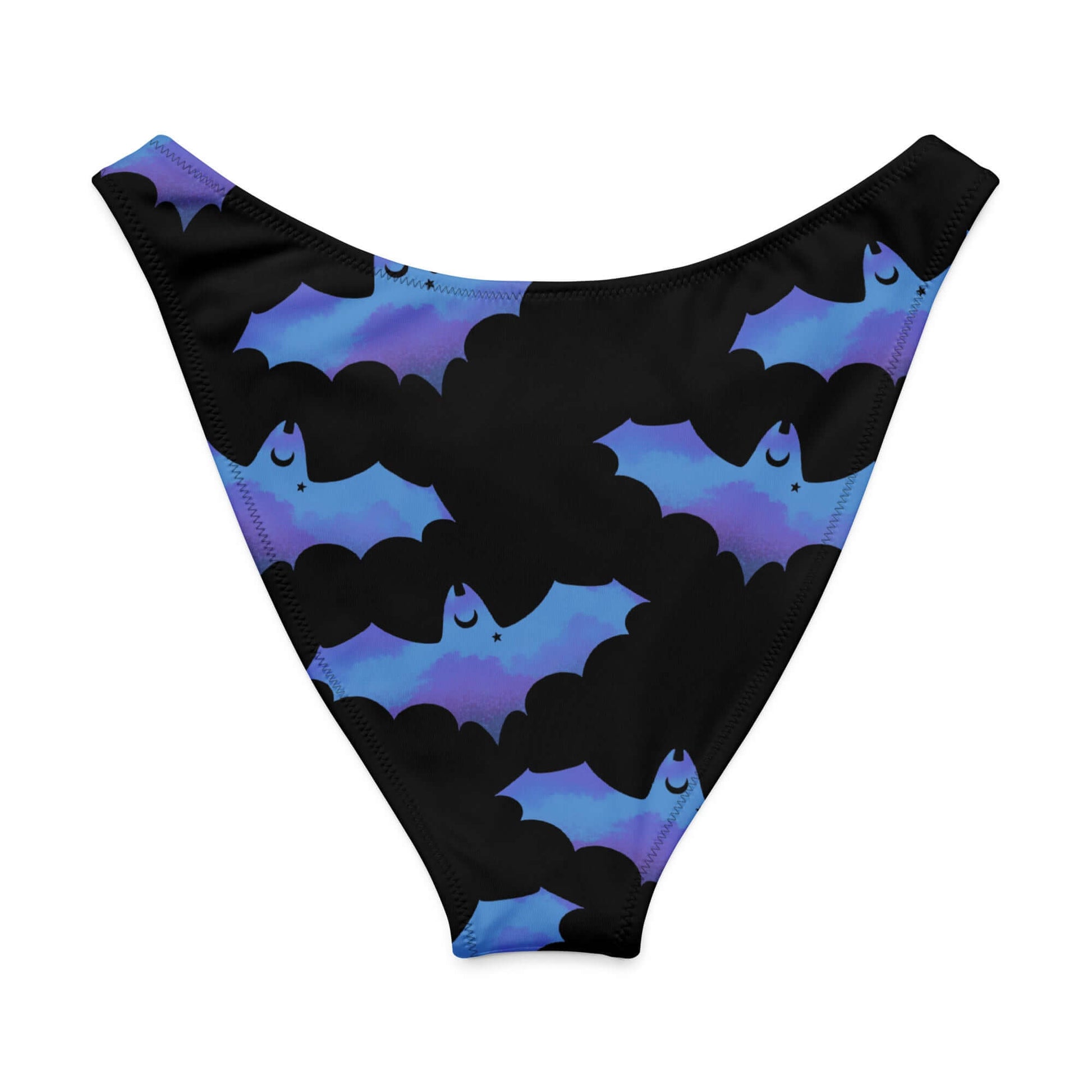 Lilith V-cut Bikini Bottom featuring a playful bat and cloud pattern in black and purple hues.