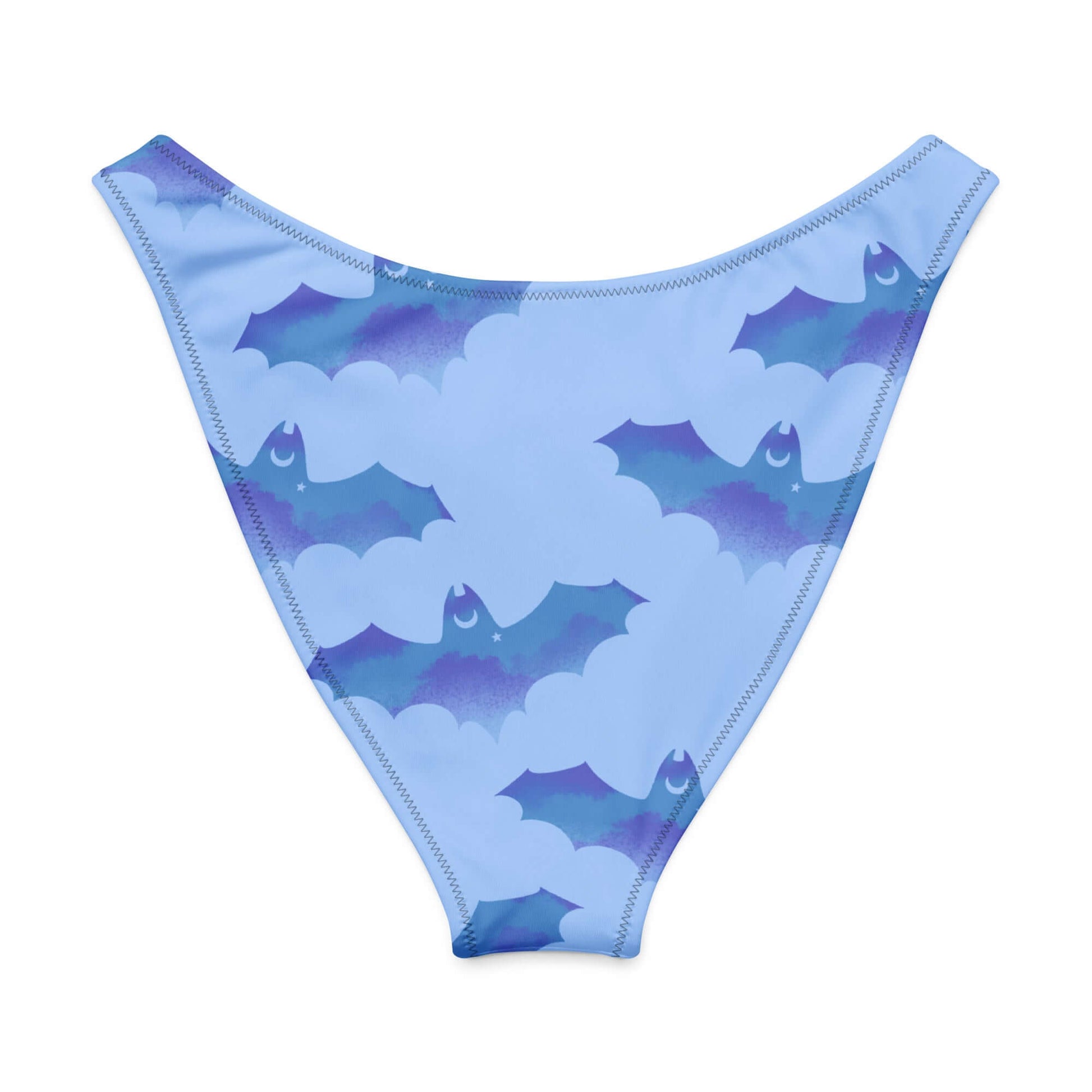 Lilith V-cut bikini bottom in light blue with bat print, high-leg cut, soft fabric, and UPF 50+ protection.