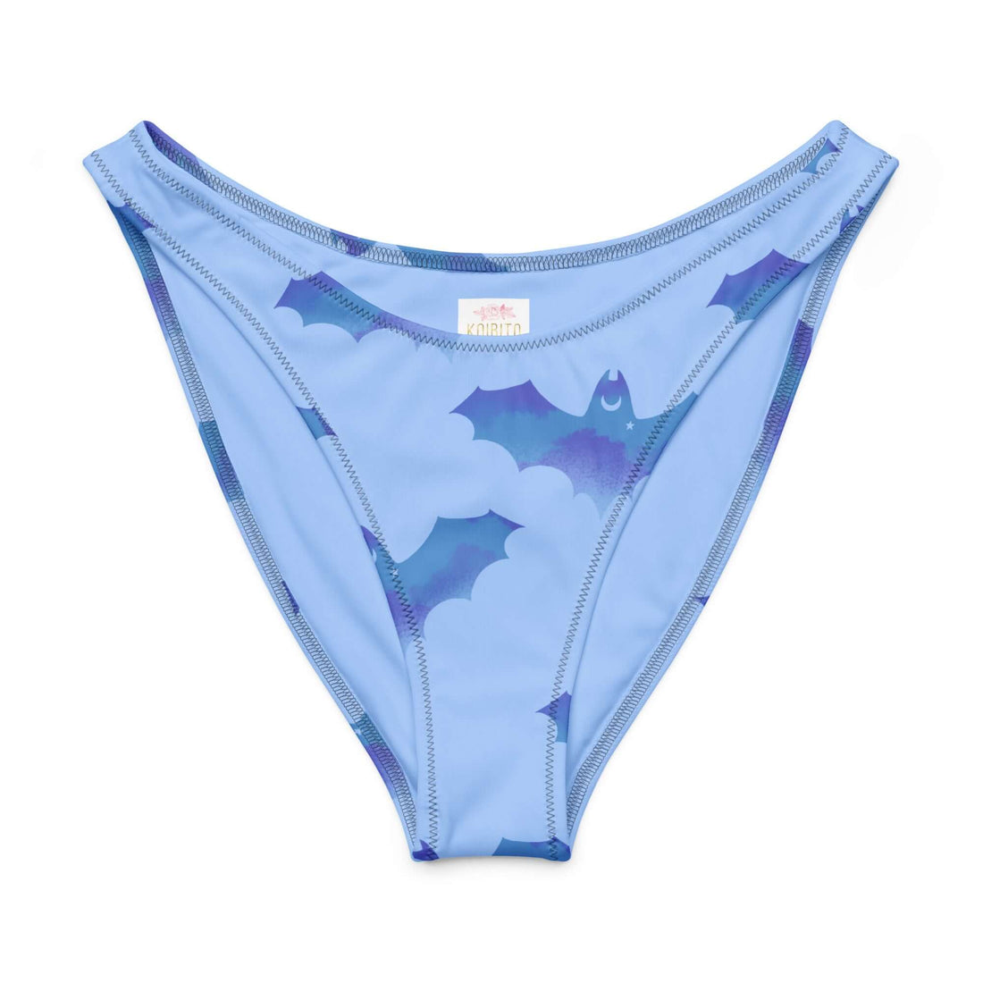 Lilith V-cut bikini bottom in light blue with bat and cloud design, perfect for stylish summer lounging.