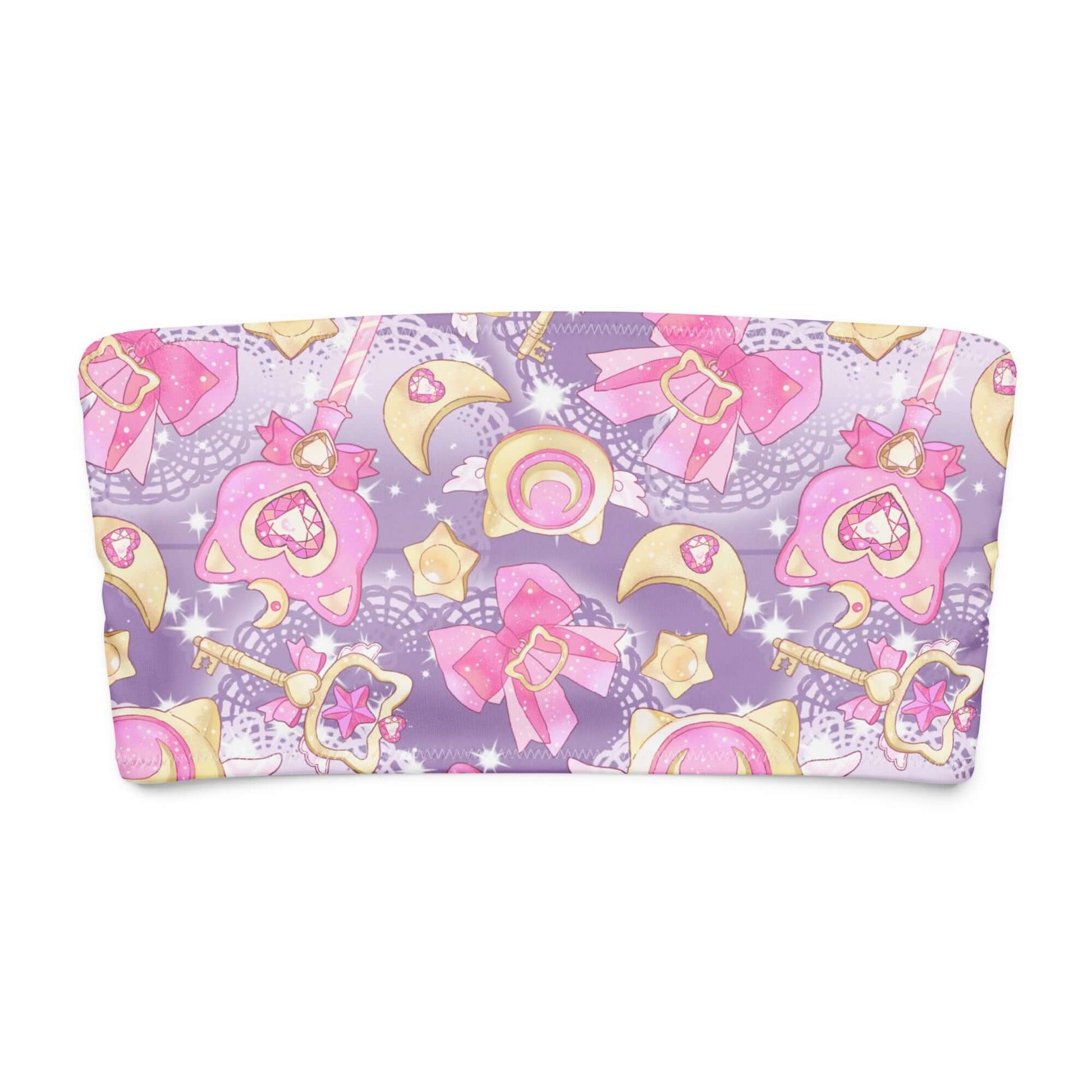 Magical Girl bandeau bikini top featuring cute pastel patterns of stars, hearts, and magical accessories on a purple background.