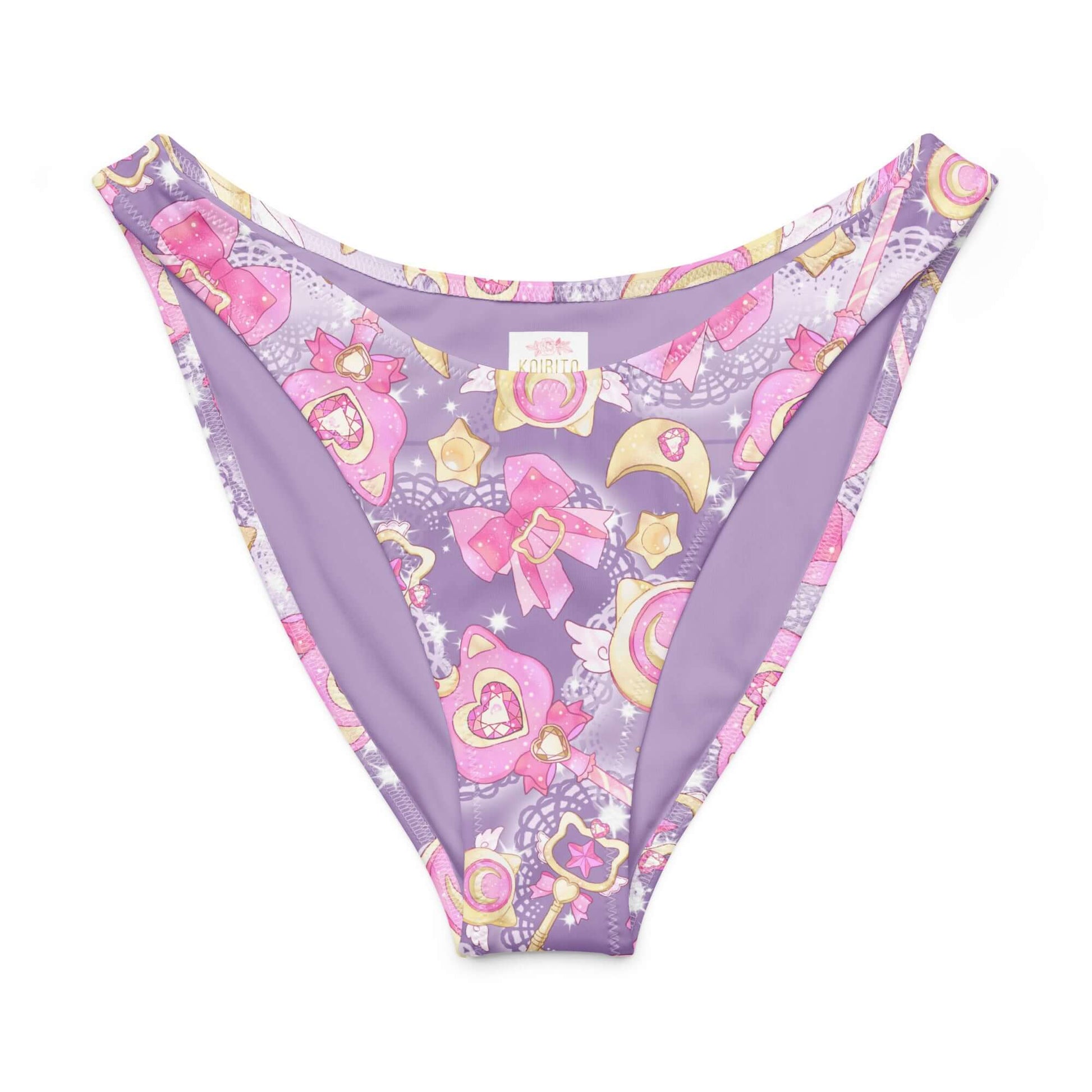 Magical Girl V-cut bikini bottom in pastel purple with cute star and heart patterns, perfect for sunny beach days.