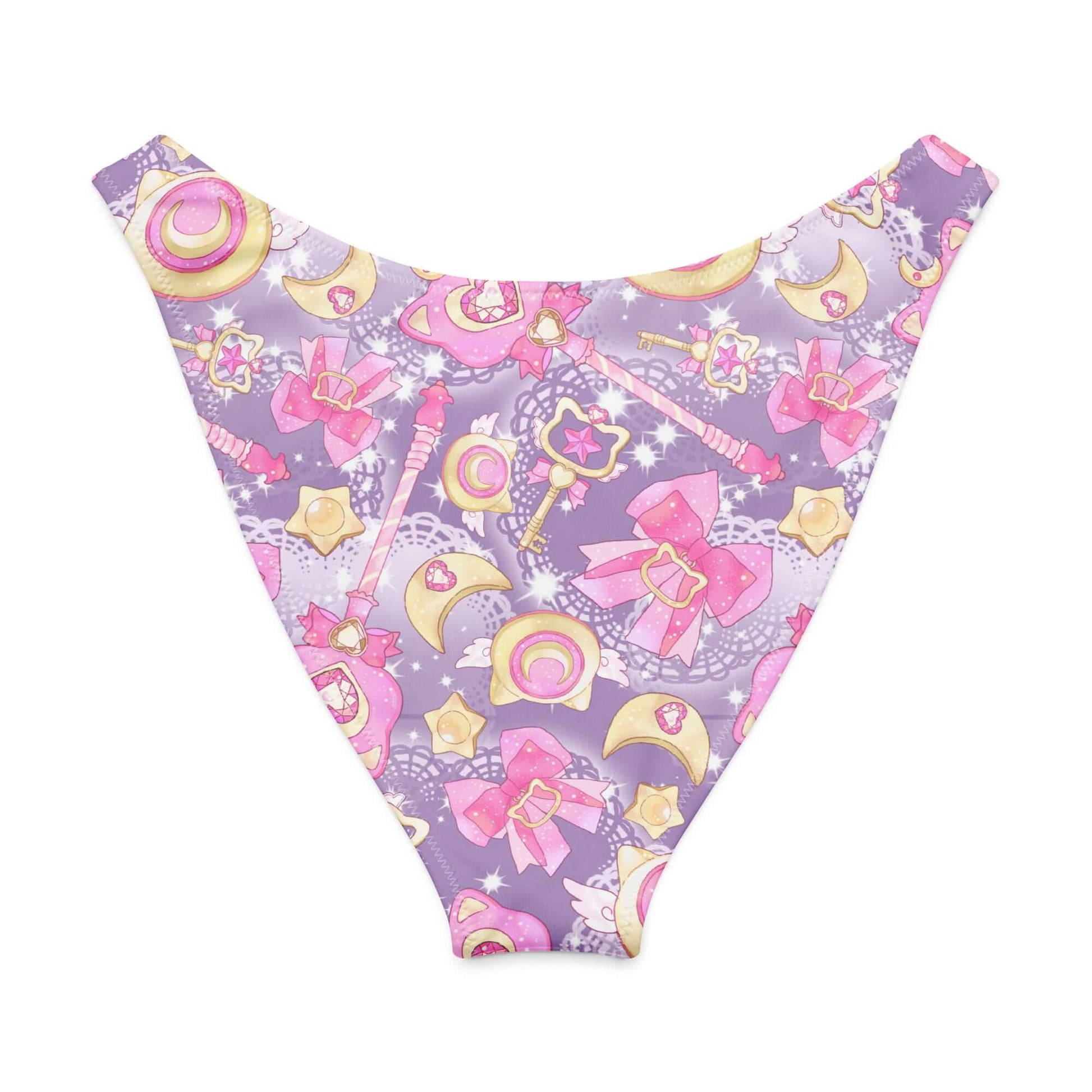 Magical Girl V-cut bikini bottom with a vibrant pattern of stars, wands, and bows against a purple background.