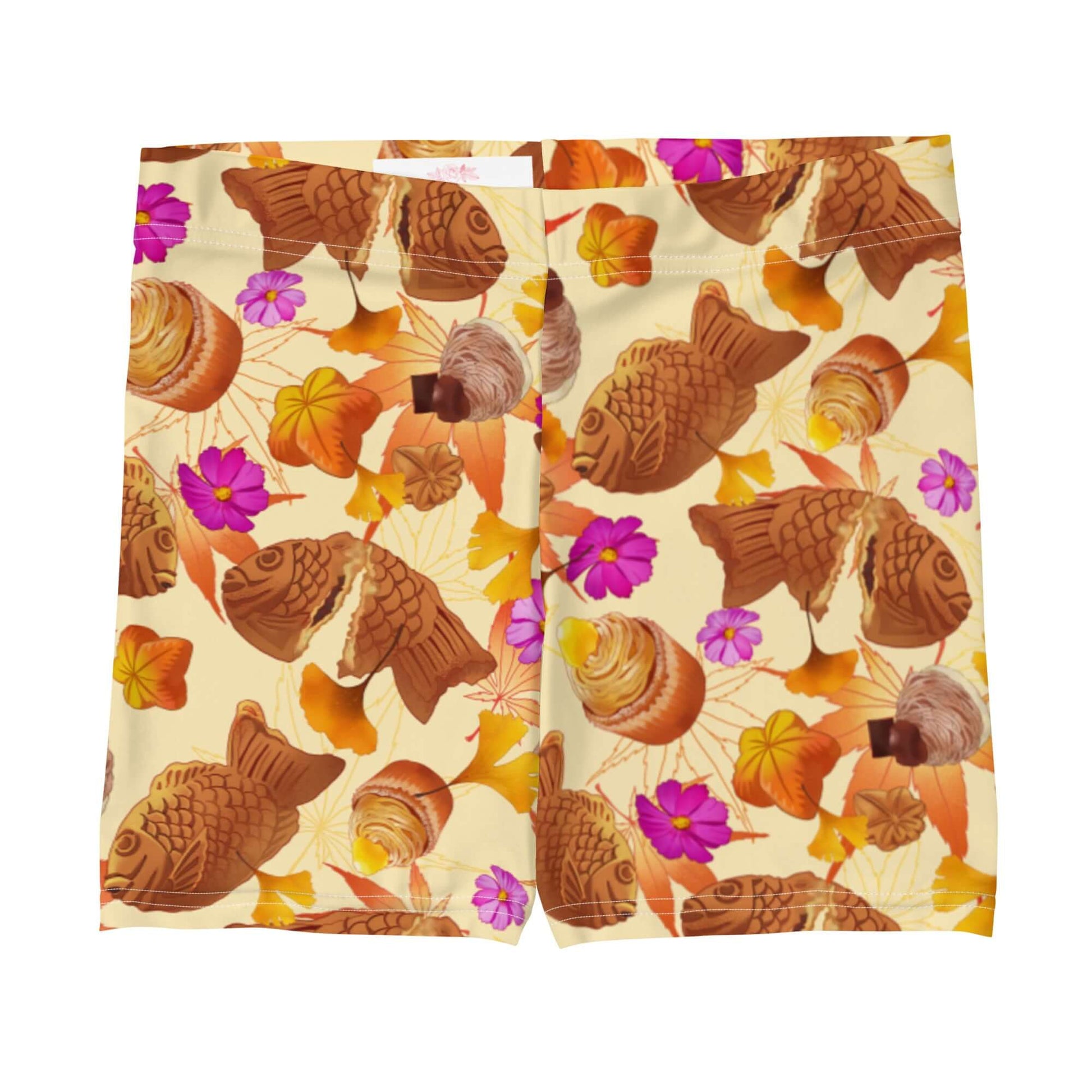 Colorful Momiji Shorts featuring fish and flowers, perfect for fall activities and made for comfort and style.