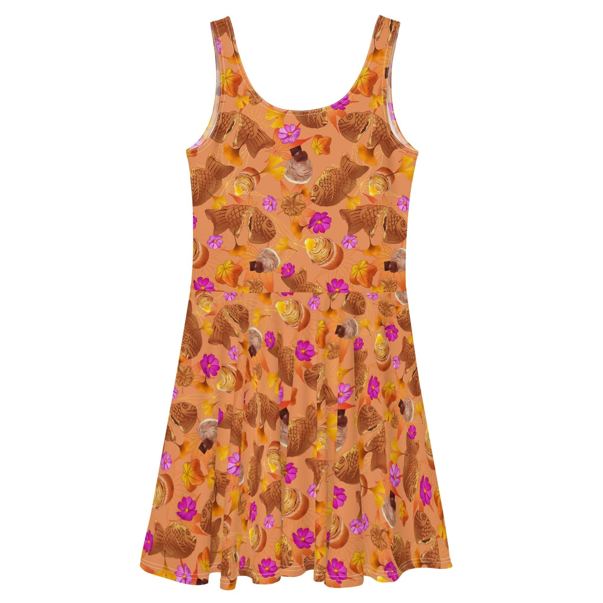 Momiji Skater Dress in warm tones and pink accents, featuring a flared skirt for a stylish fall look.