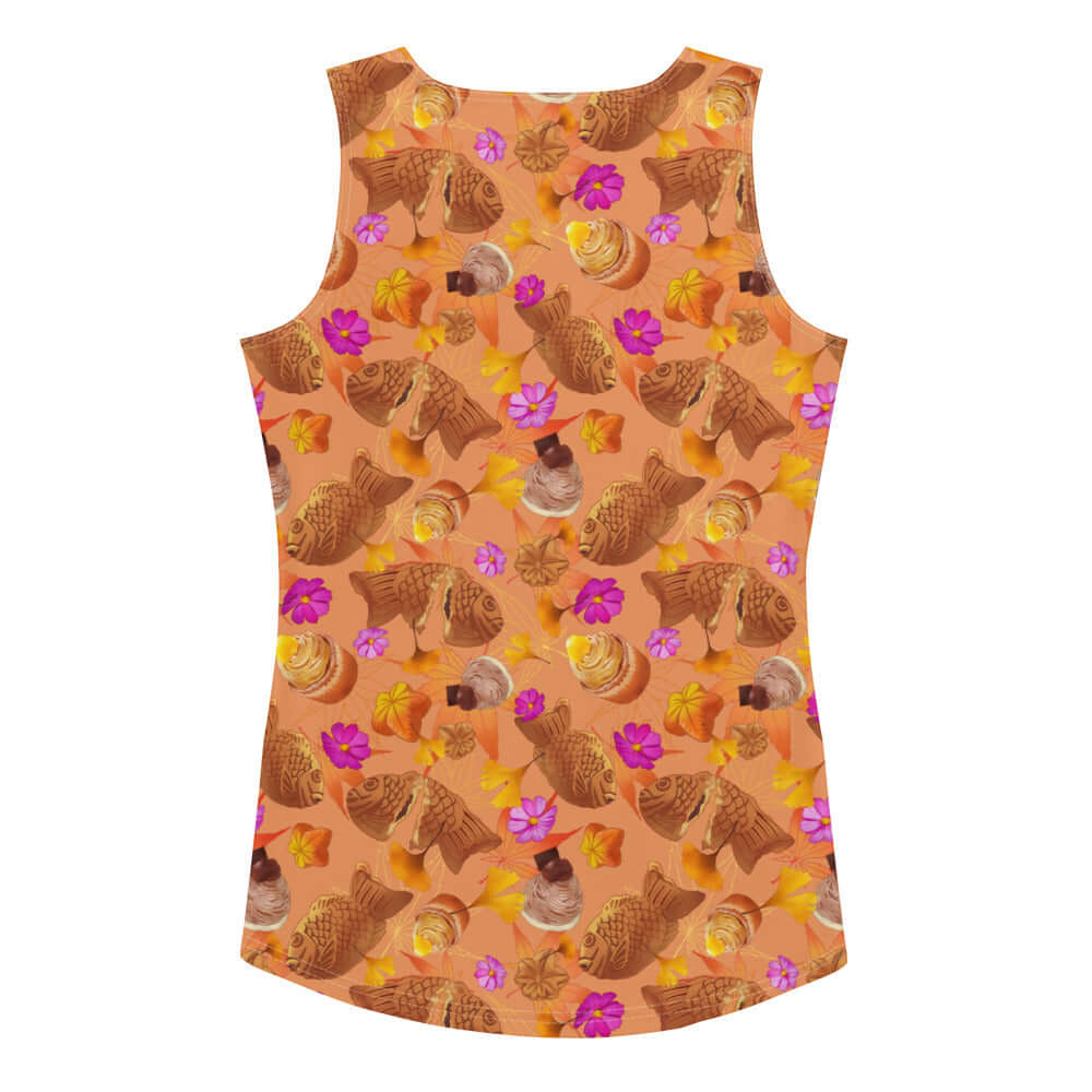Stylish Momiji Tank Top in warm tones with pink accents, perfect for fall and body-hugging fit. Ideal for any occasion.