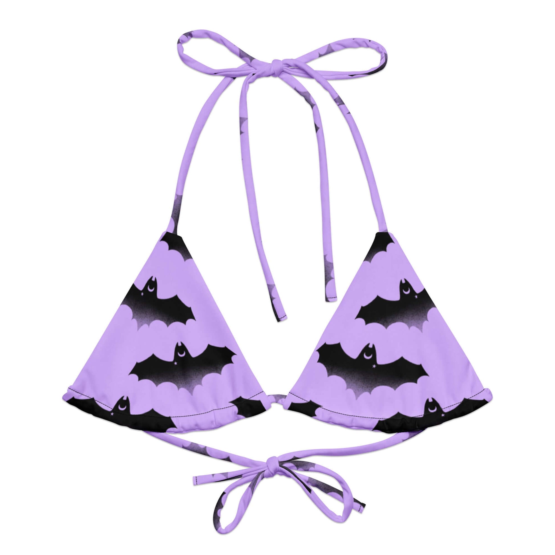 Morrigan Padded String Bikini Top features a trendy bat print, perfect for eco-friendly summer vibes.
