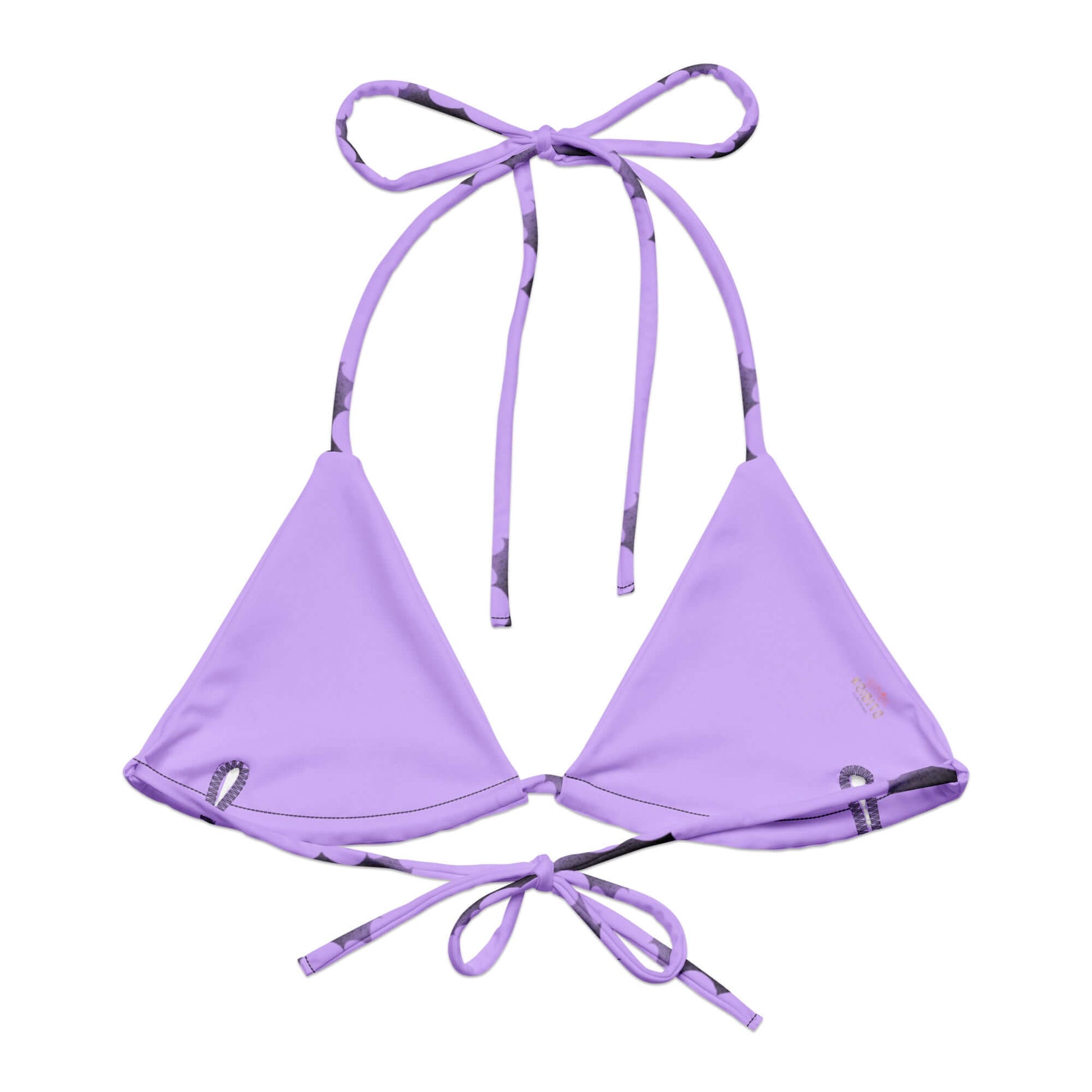 Morrigan Padded String Bikini Top in lavender features eco-friendly materials and stylish adjustable straps for summer fun.