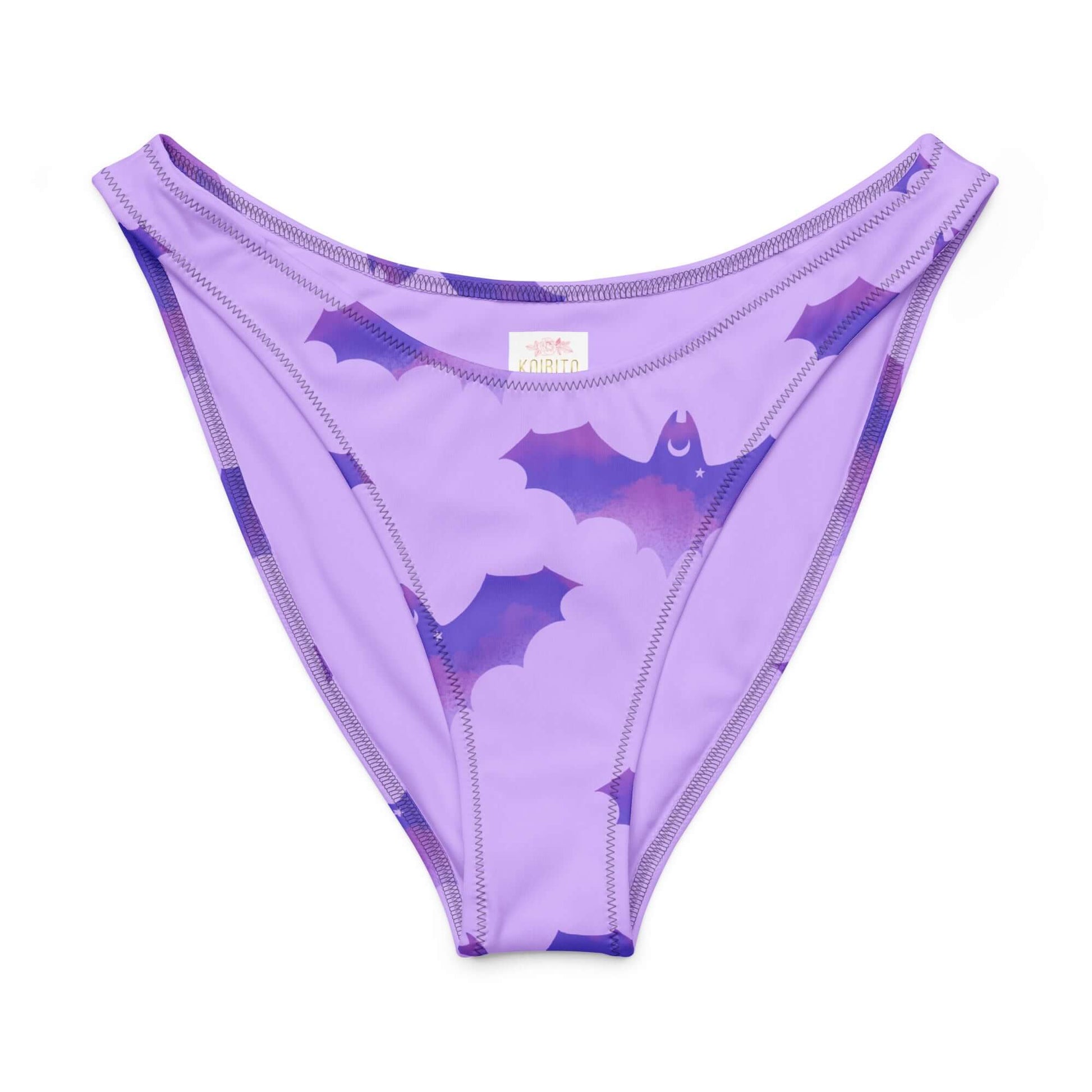 V-cut bikini bottom in pastel purple with playful bat print, perfect for summer fun and stylish beach days.