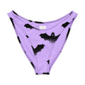 Morrigan V-cut bikini bottom in lavender with playful bat print, perfect for summer fun and sun protection.