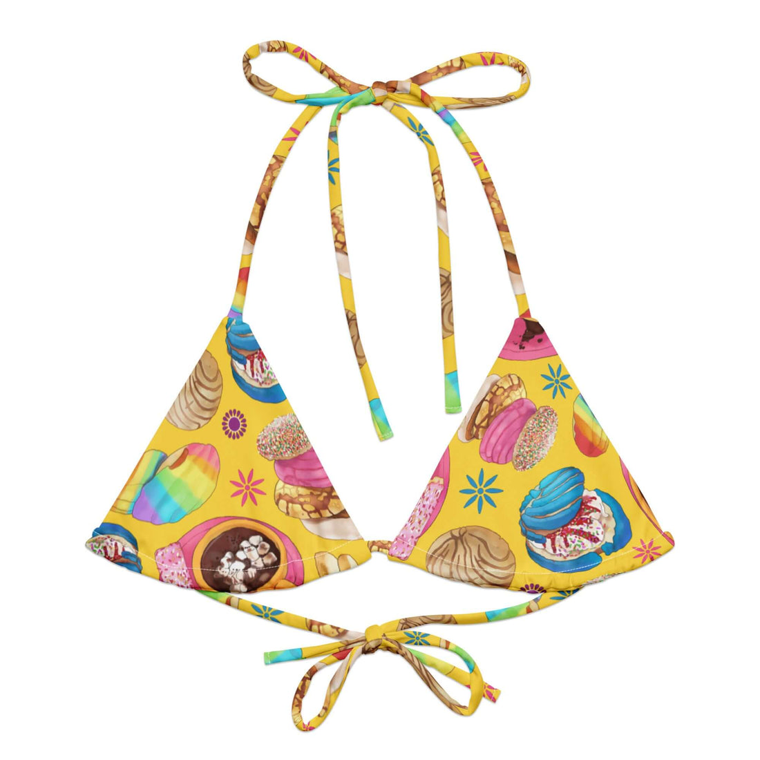 Bright and fun Pan Dulce Padded String Bikini Top made from recycled materials, perfect for summer beach days.