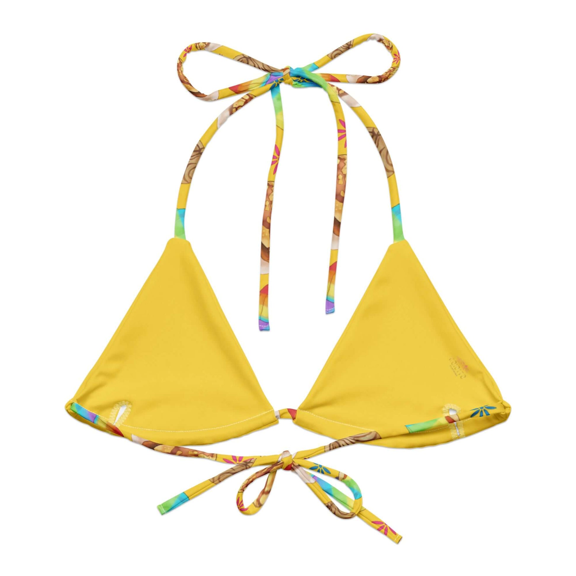 Bright yellow Pan Dulce Padded String Bikini Top featuring eco-friendly materials and stylish adjustable straps.