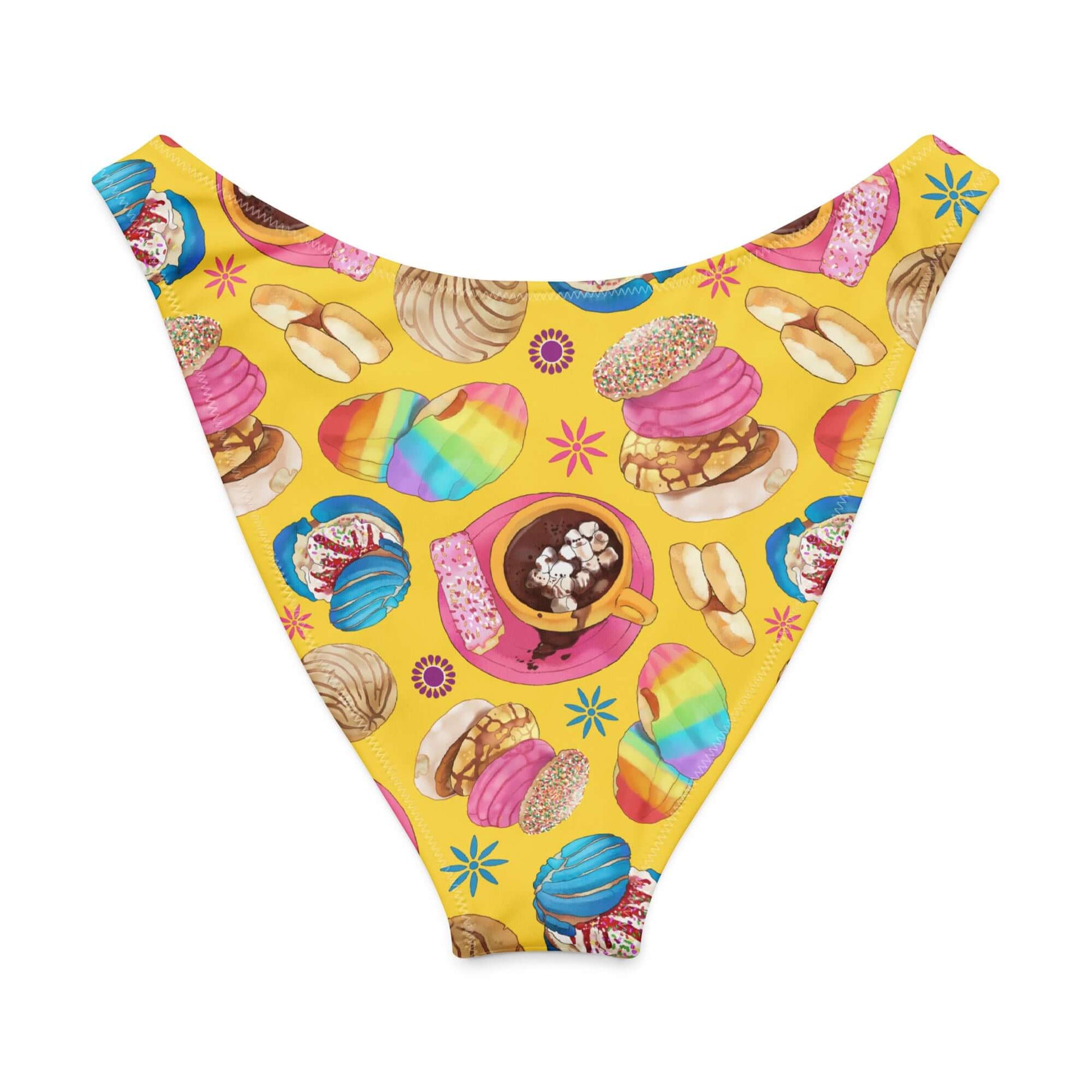 V-cut bikini bottom with colorful dessert print on a yellow background, perfect for fun beach days.