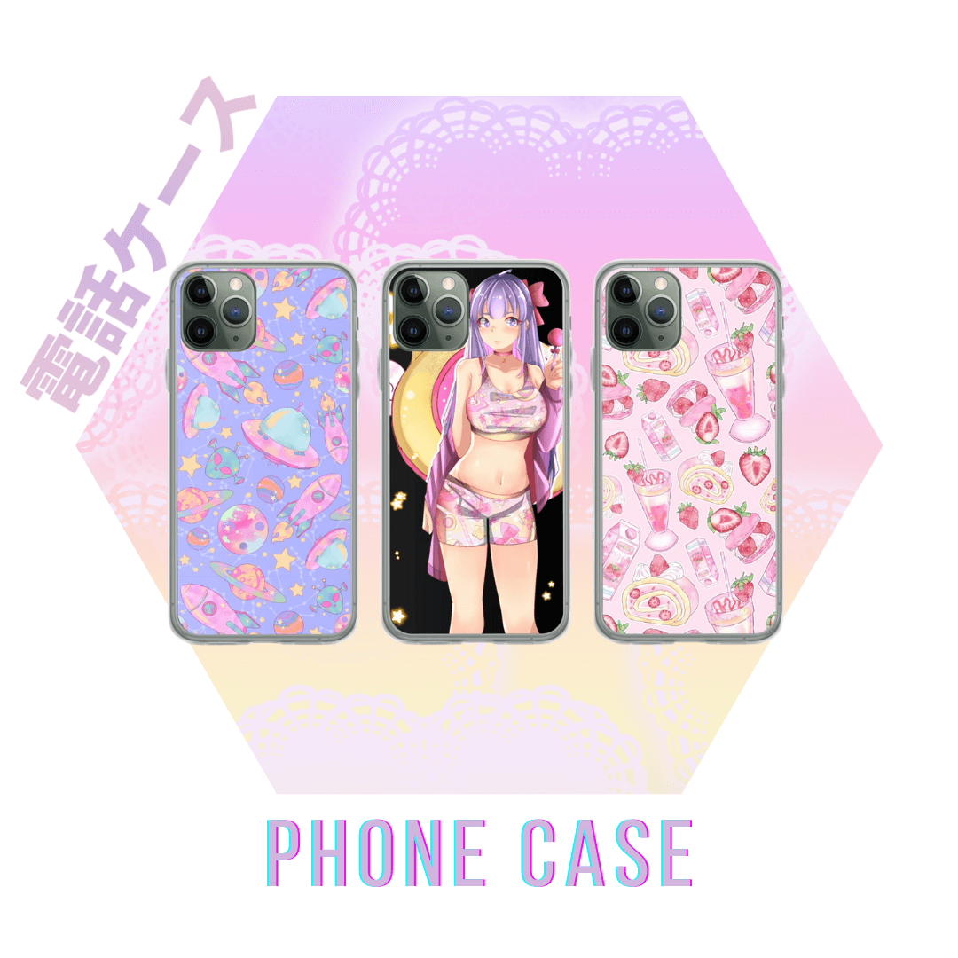 Kawaii fashion phone cases featuring cute patterns and an adorable character, perfect for teens and anime lovers.
