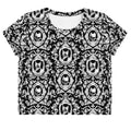 Elegant Queen's Beloved Kitty Crop Top featuring black-and-white motifs, perfect for stylish outfits.