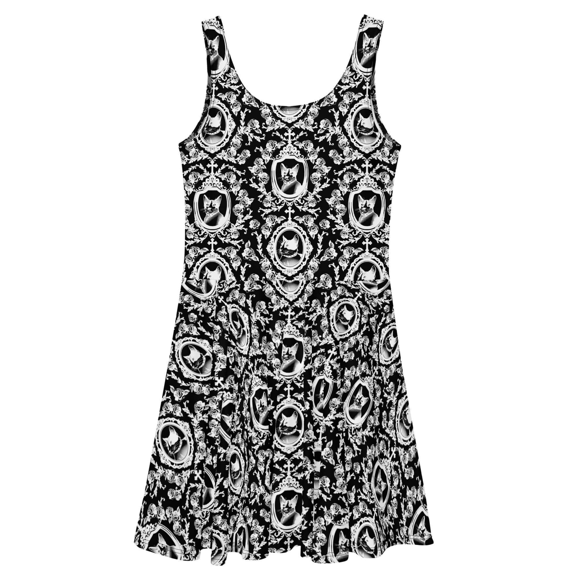 The Queen's Beloved Kitty Skater Dress features a stylish floral design and flared skirt for elegant comfort.