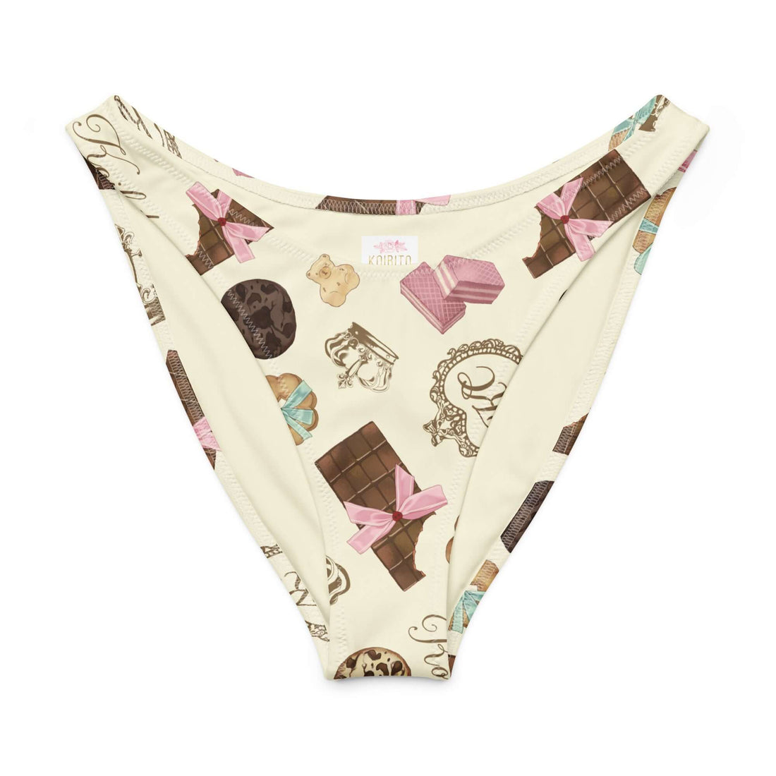 Royal V-cut bikini bottom with chocolate and dessert print, soft fabric, UPF 50+ sun protection for sunny beach days.