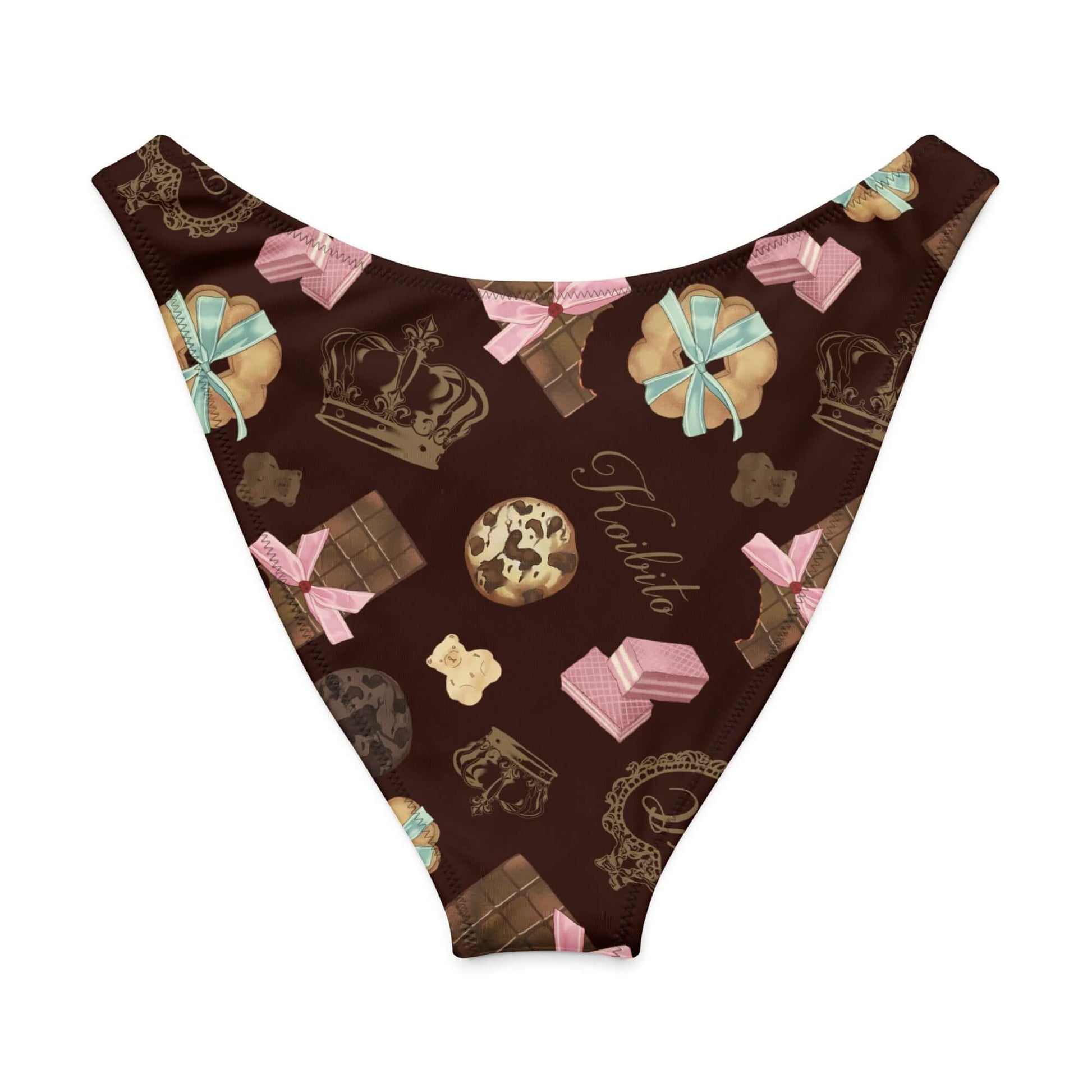 Royal Cookie V-cut Bikini Bottom featuring chocolate and sweet treat patterns with a stylish high-leg design.