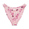 Sakura V-cut bikini bottom in pink floral print, featuring a high-leg cut and soft, stretchy fabric for comfort.