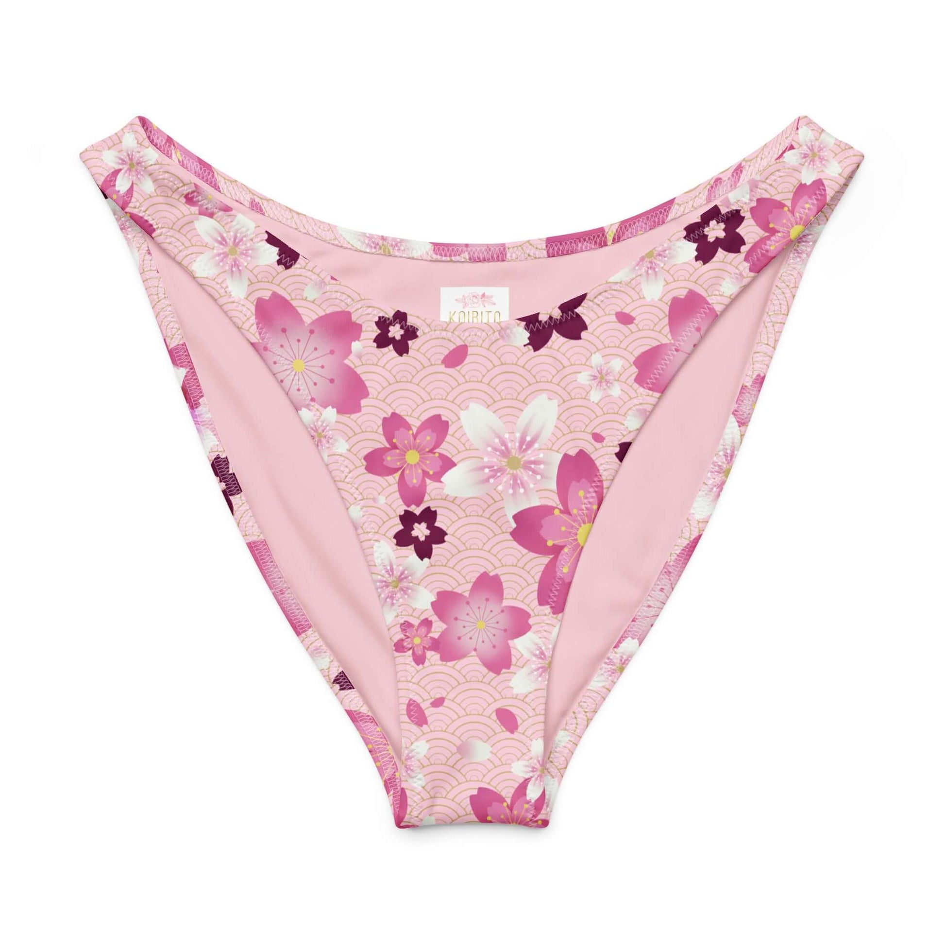 Sakura V-cut bikini bottom in pink floral print, featuring a high-leg cut and soft, stretchy fabric for comfort.