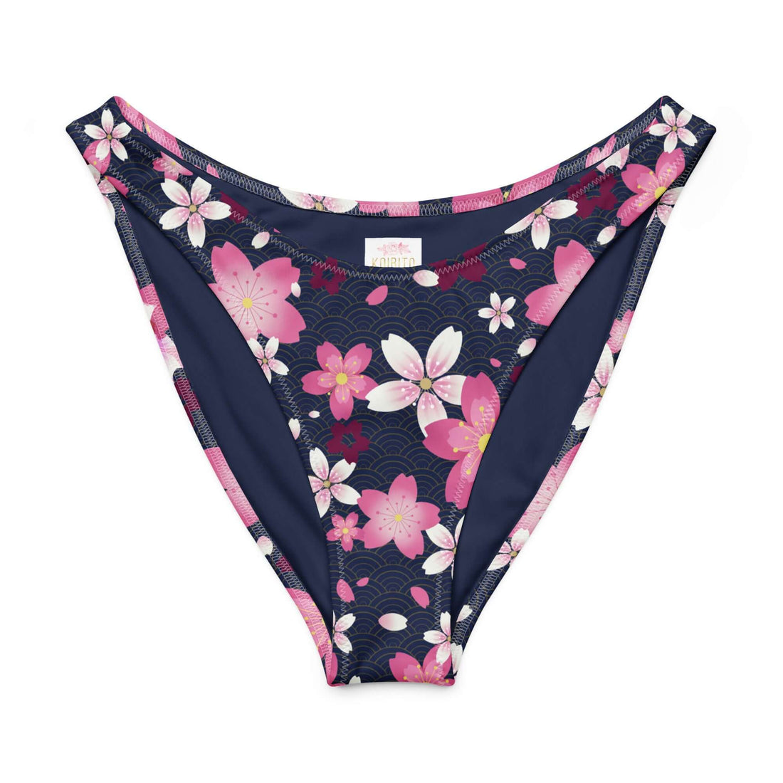 Sakura V-cut bikini bottom with pink floral design on navy background, perfect for sunny beach days.