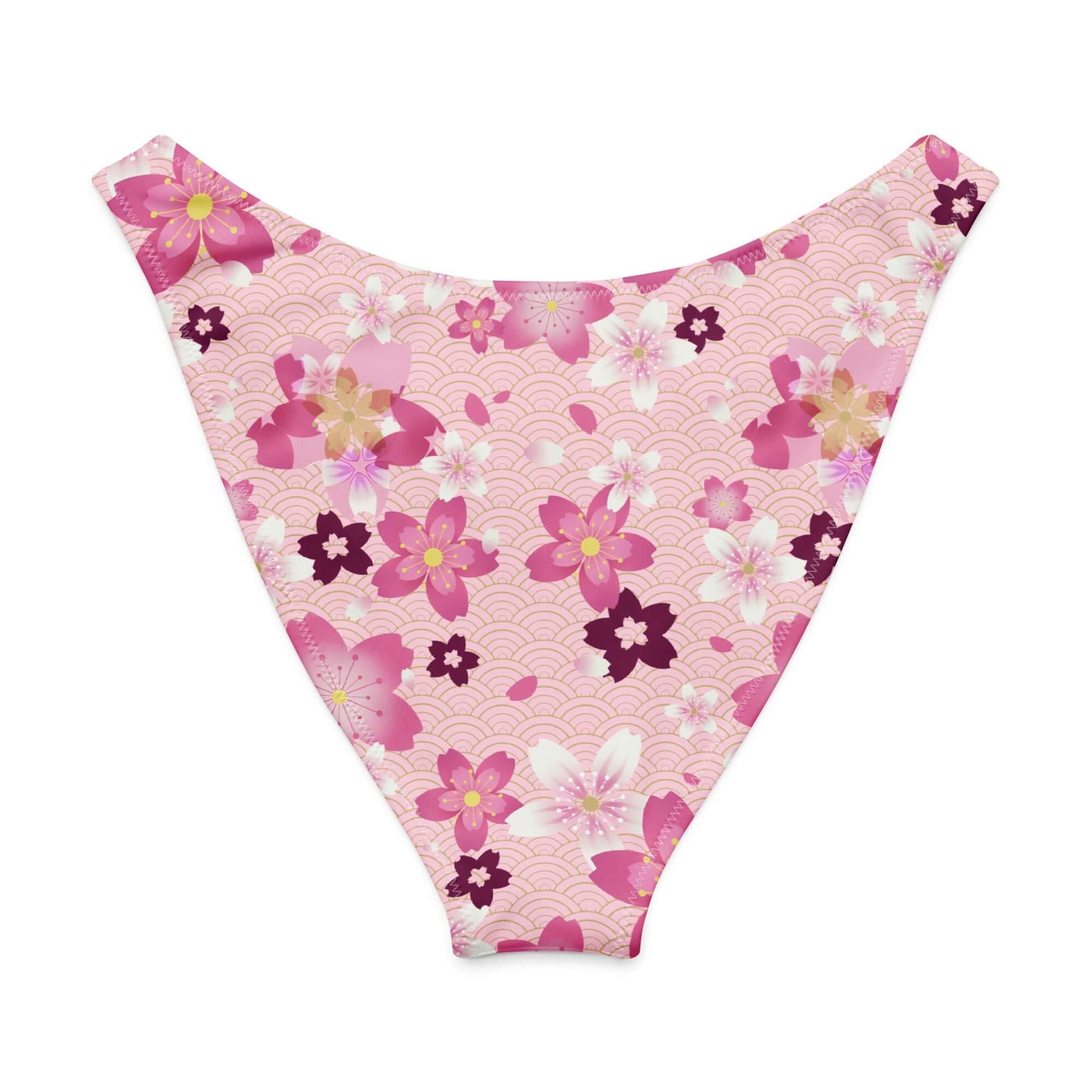 Sakura V-cut bikini bottom with floral design, high-leg cut, soft fabric and UPF 50+ protection for sunny beach days.