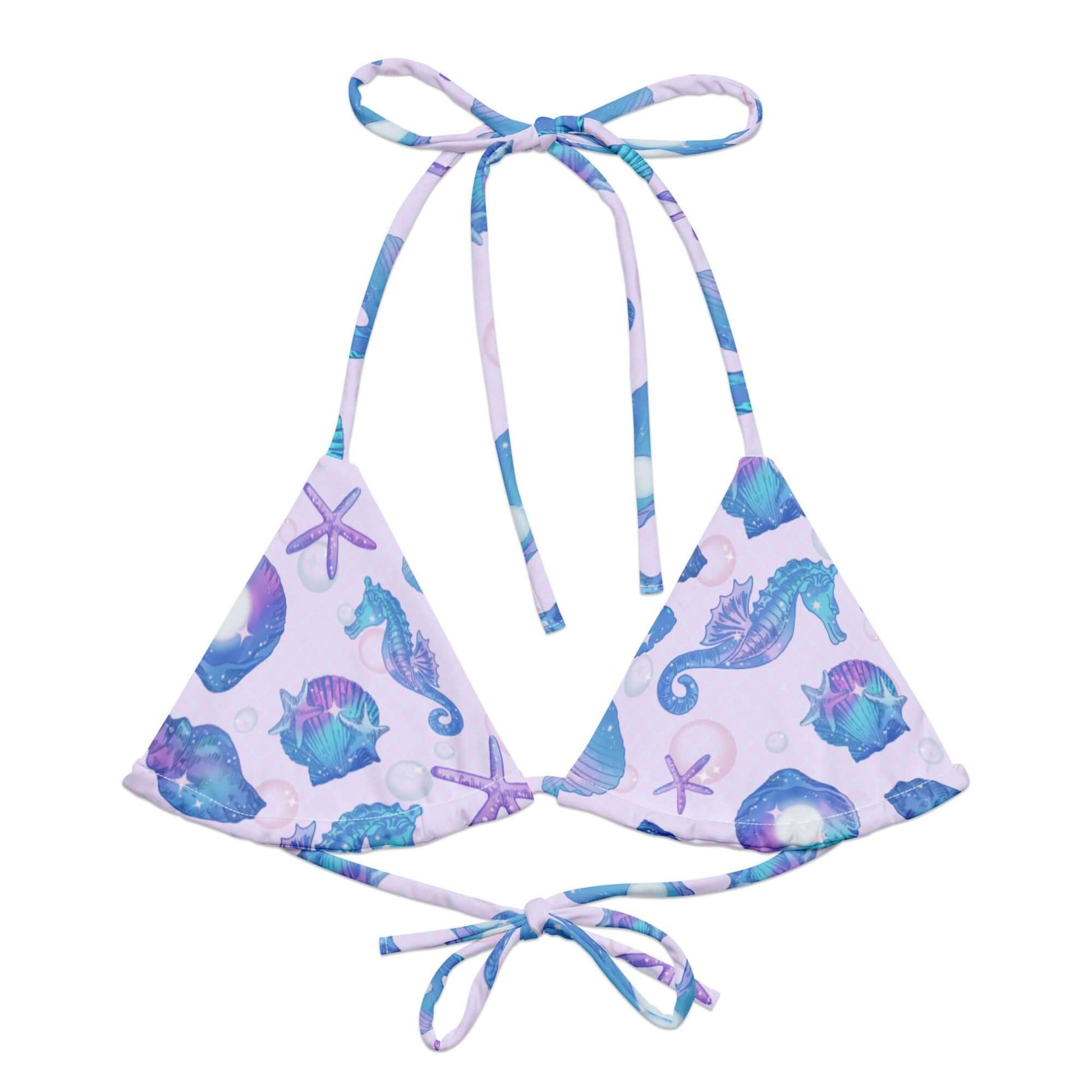 Bright and eco-friendly Sea Princess Padded String Bikini Top features a playful seashell design, perfect for summer fun.