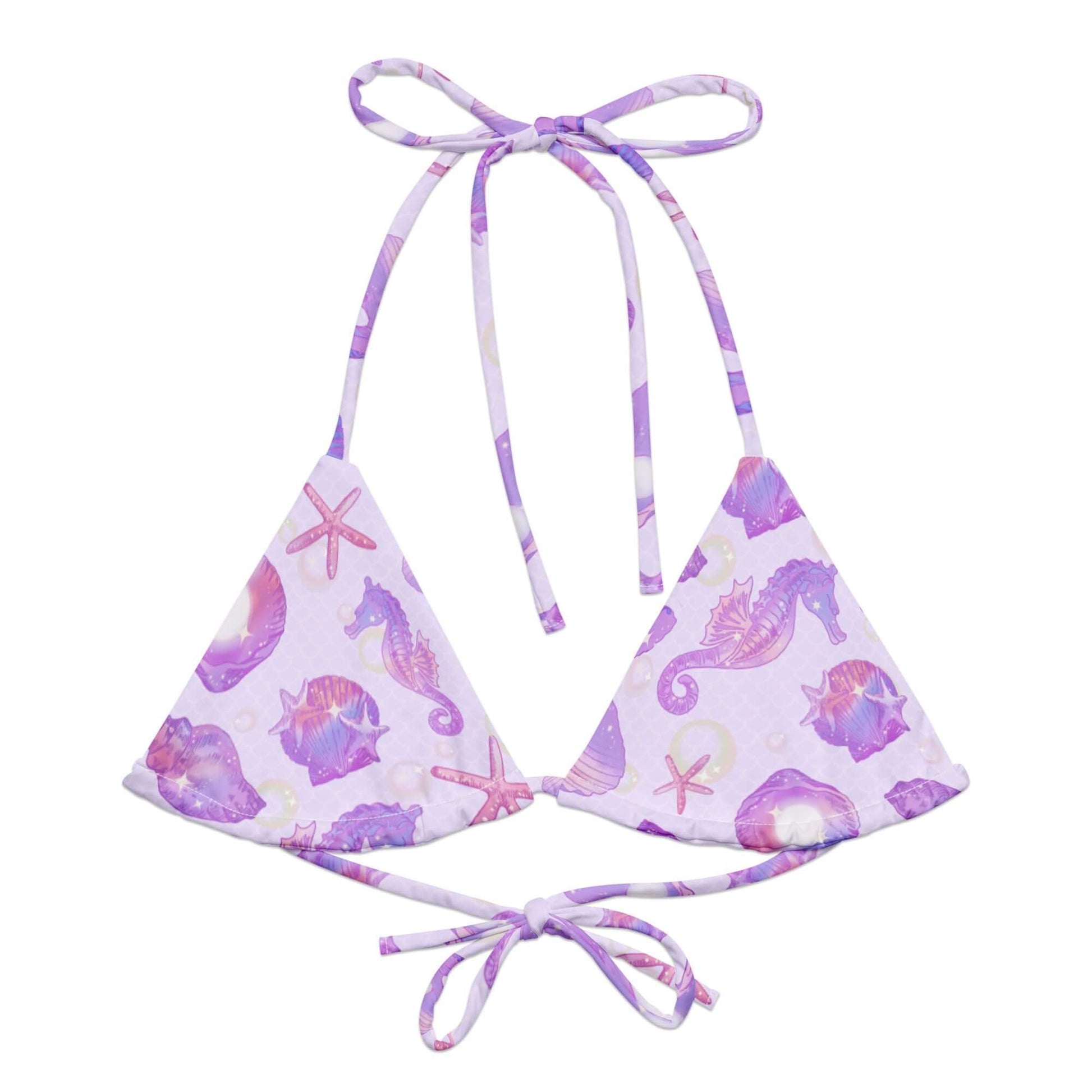 Eco-friendly Sea Princess Padded String Bikini Top with vibrant sea-themed print and stylish adjustable straps.