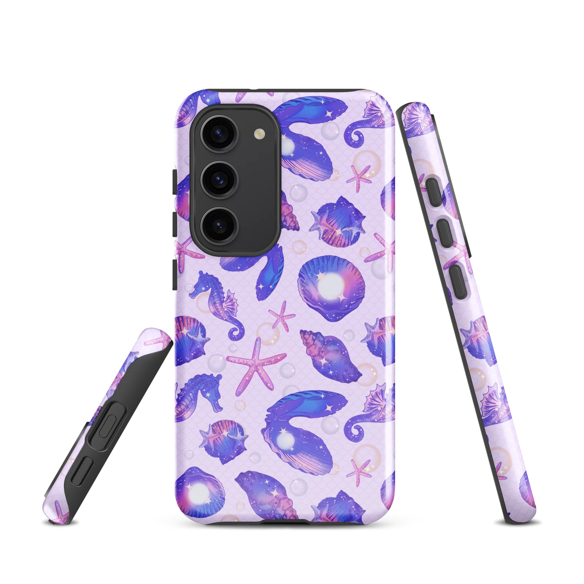 Stylish Sea Princess Samsung® Tough Case featuring seashells and seahorses, offering durability and protection for your phone.