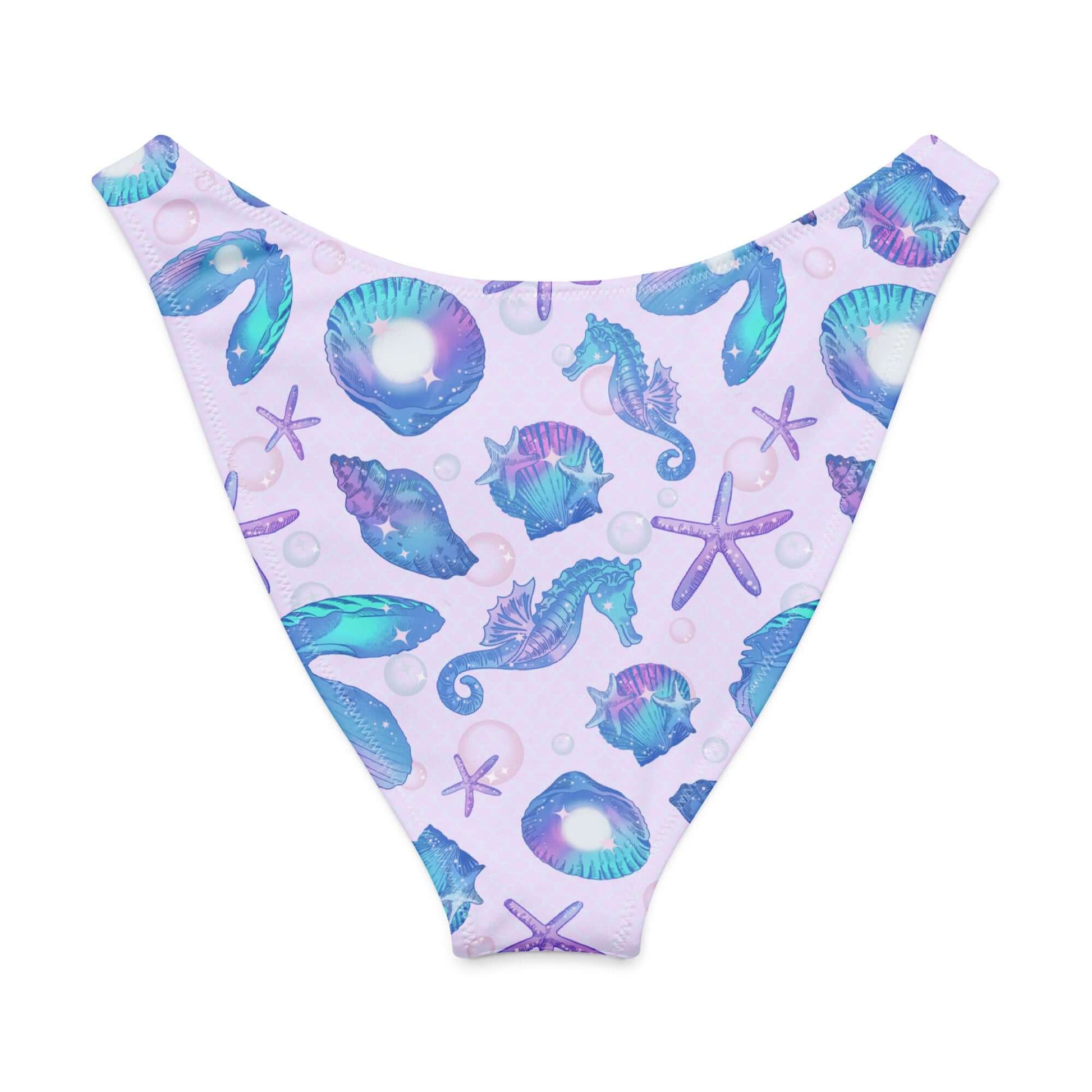 V-cut bikini bottom featuring a vibrant sea-themed pattern with shells and starfish on a pastel background.