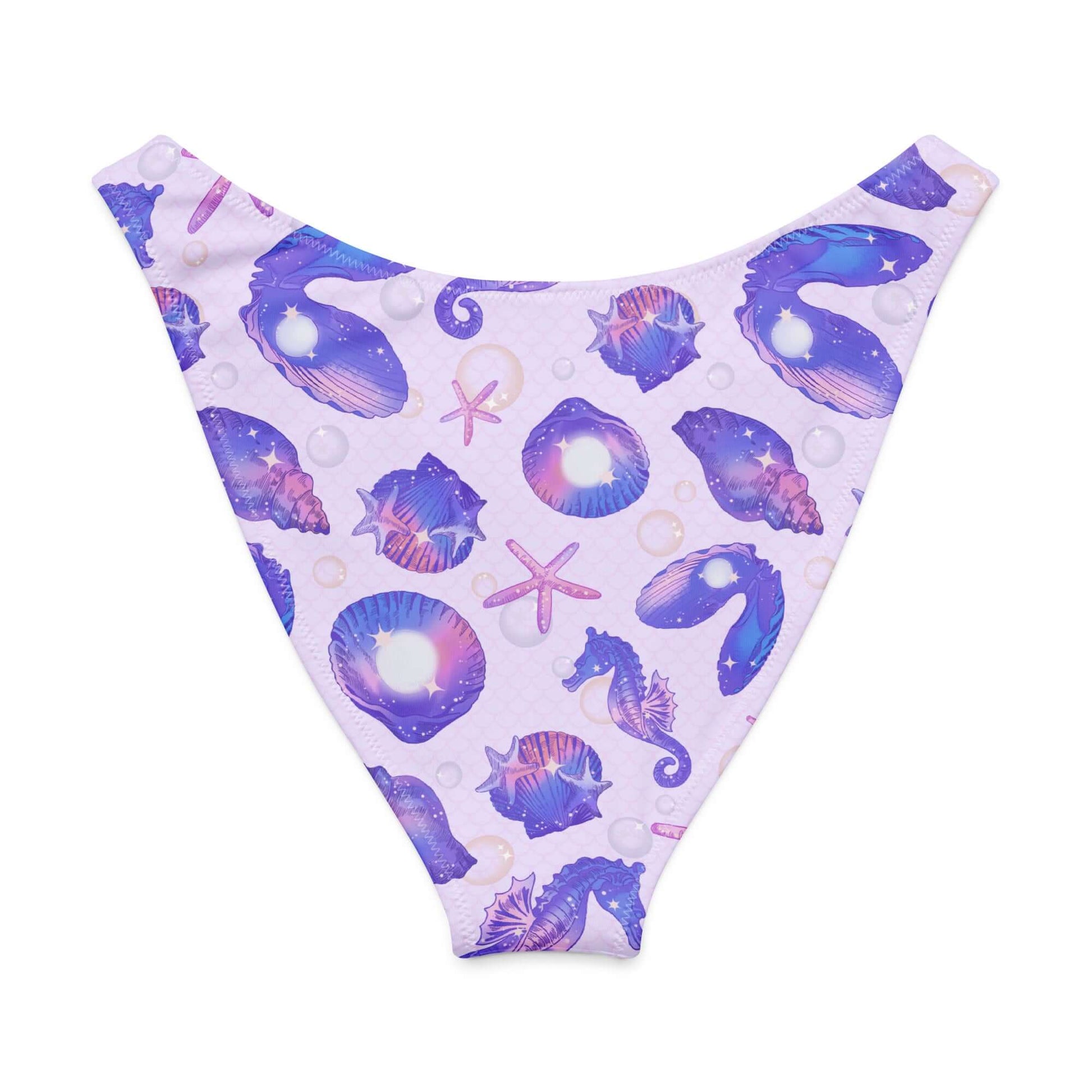 Sea Princess V-cut bikini bottom with vibrant seashell and seahorse pattern on soft purple fabric.