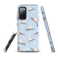 Snow Bird Samsung® Tough Case featuring whimsical birds on a blue background, offering style and protection for your phone.
