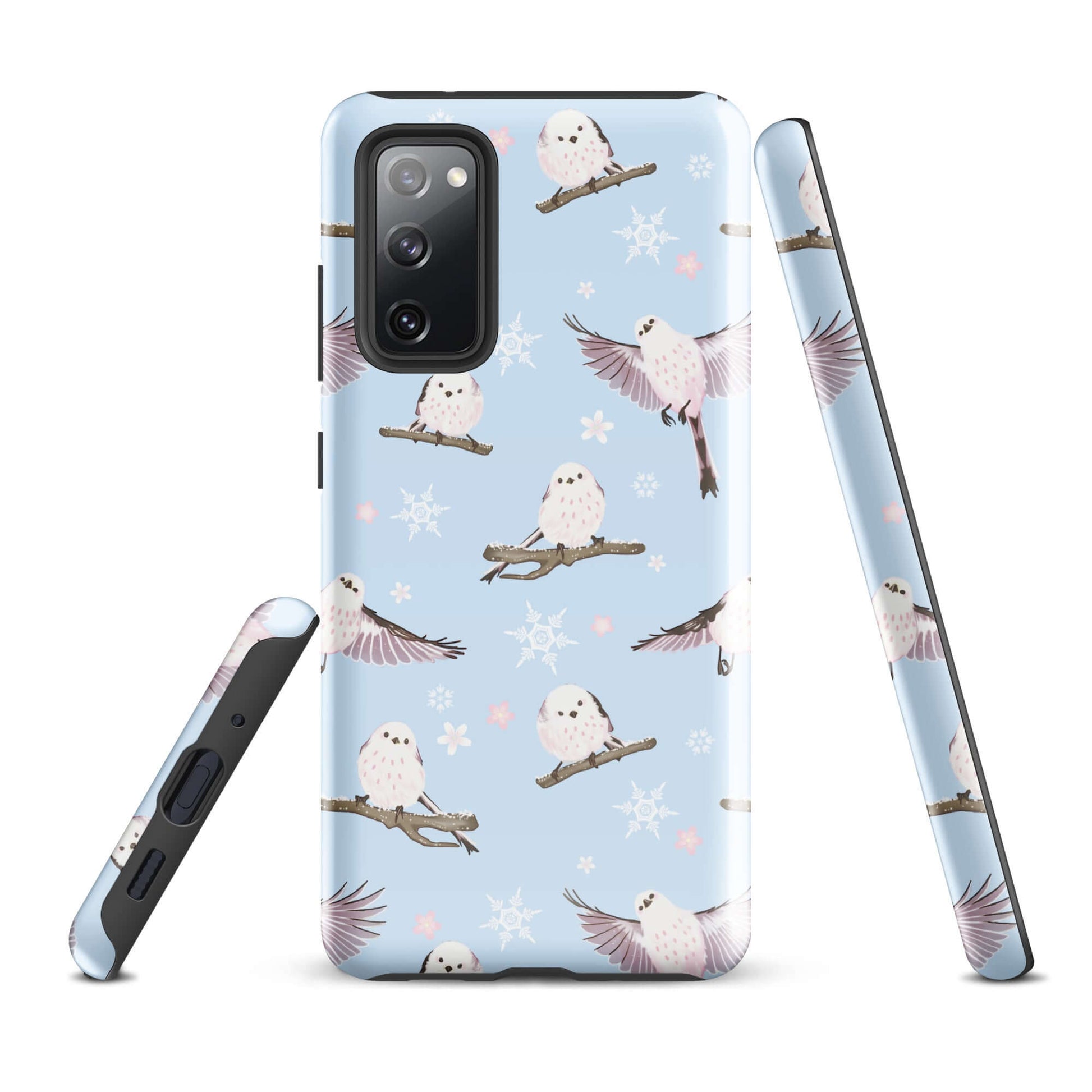 Snow Bird Samsung® Tough Case featuring whimsical birds on a blue background, offering style and protection for your phone.