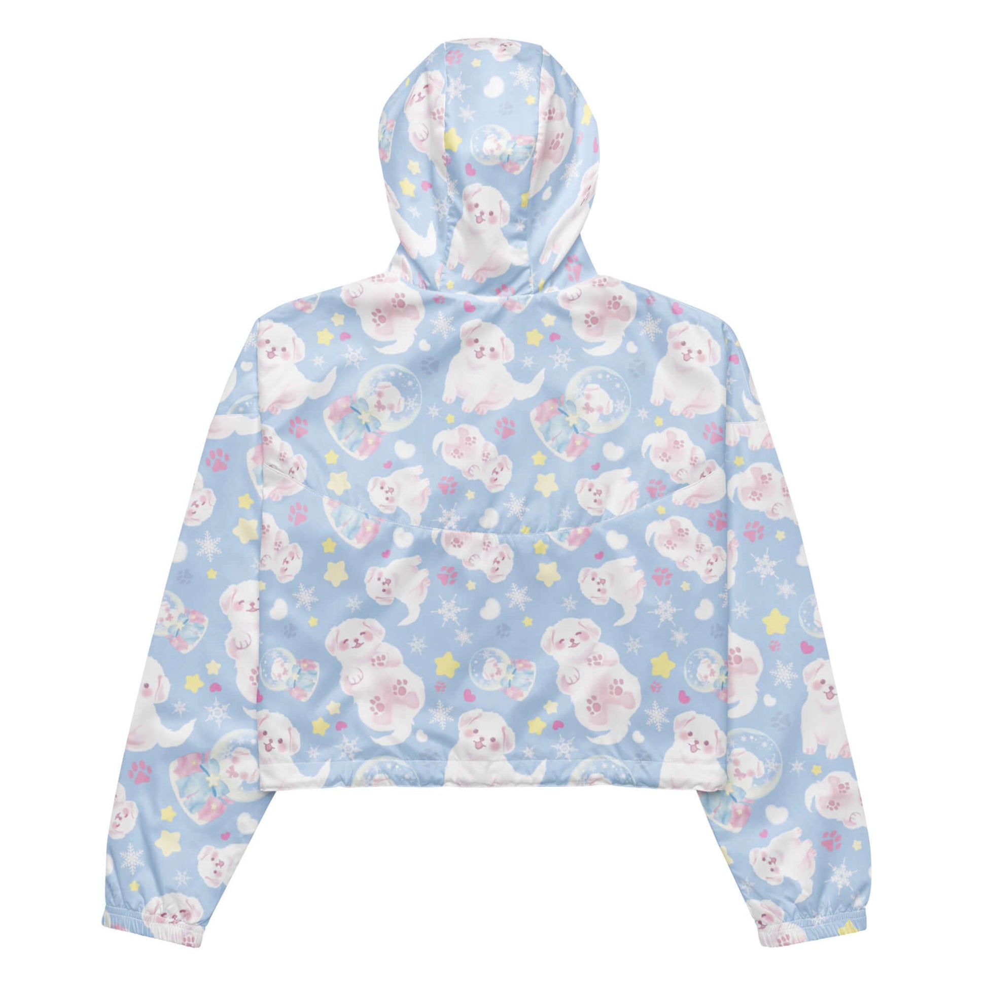 Lightweight and waterproof, the Snow Puppy cropped windbreaker features a playful design perfect for outdoor adventures.